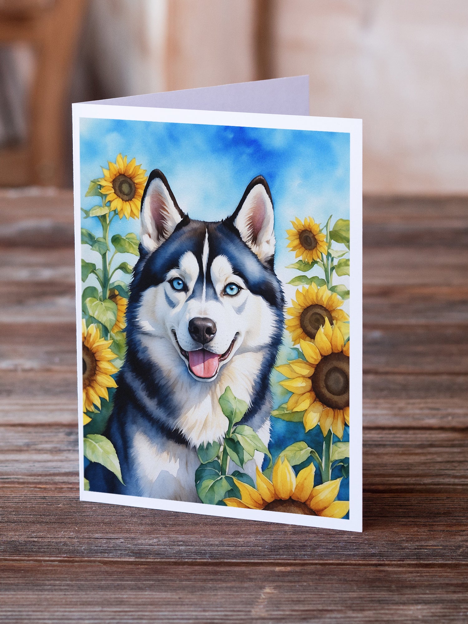 Buy this Siberian Husky in Sunflowers Greeting Cards Pack of 8