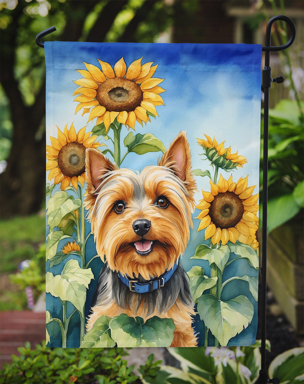 Silky Terrier in Sunflowers Garden Flag