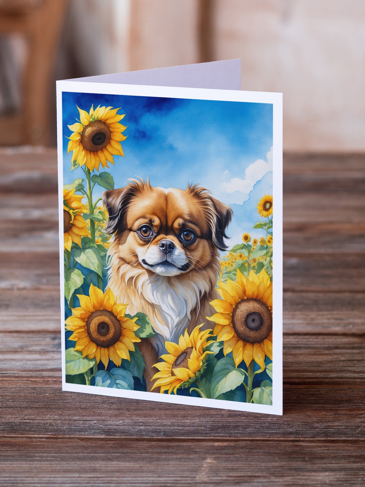 Tibetan Spaniel in Sunflowers Greeting Cards Pack of 8