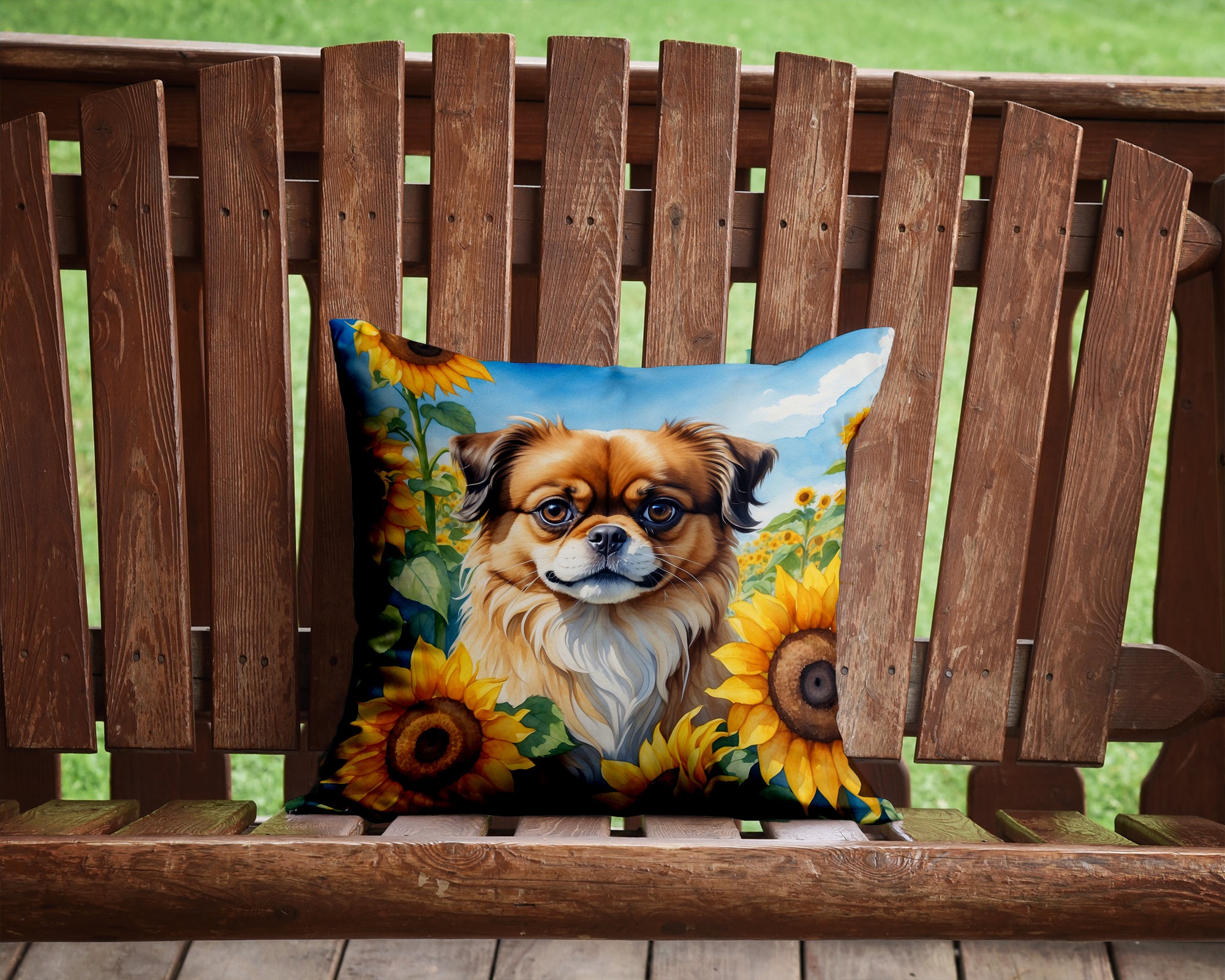 Buy this Tibetan Spaniel in Sunflowers Throw Pillow