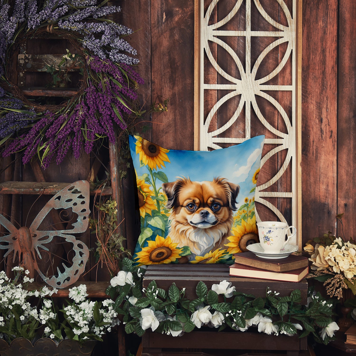 Tibetan Spaniel in Sunflowers Throw Pillow