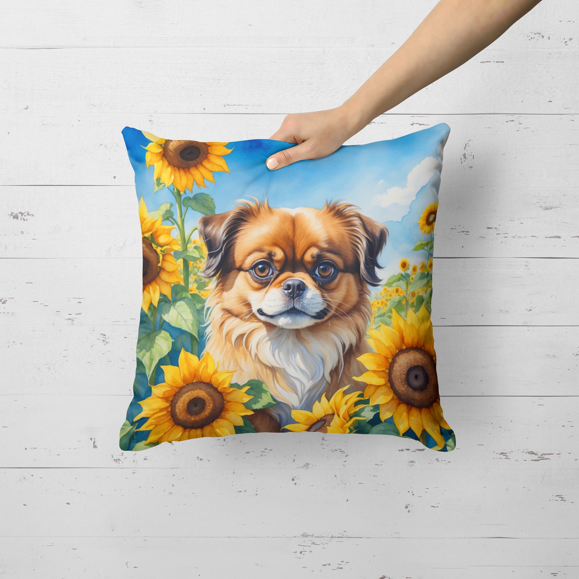 Buy this Tibetan Spaniel in Sunflowers Throw Pillow