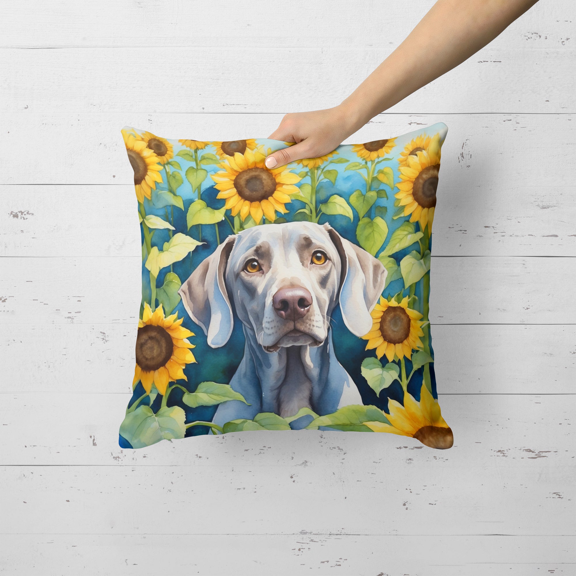 Buy this Weimaraner in Sunflowers Throw Pillow