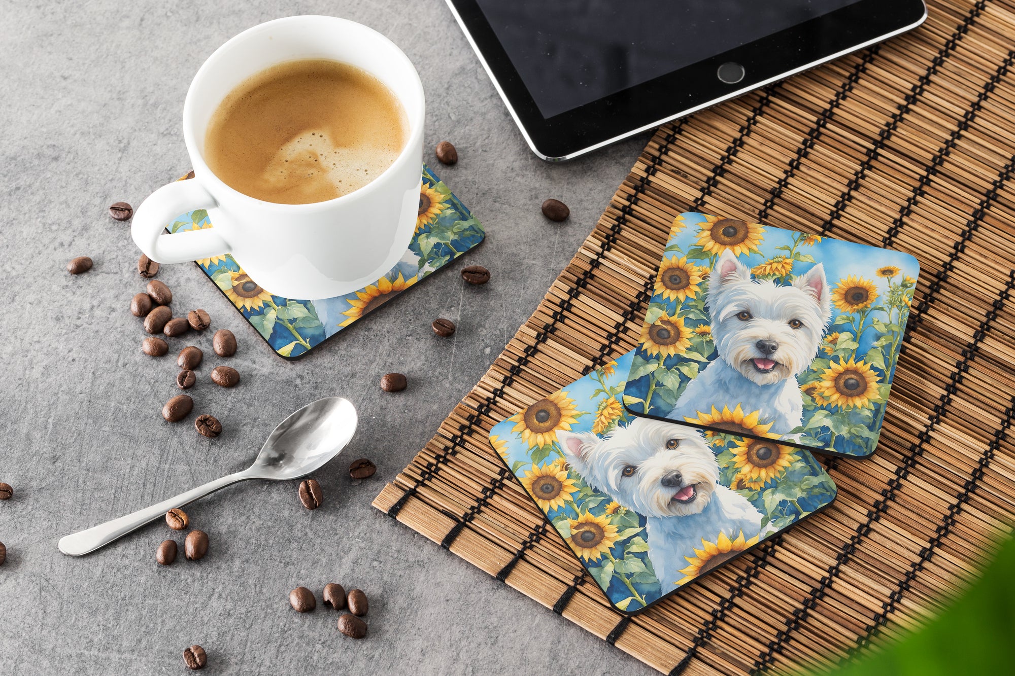 Westie in Sunflowers Foam Coasters