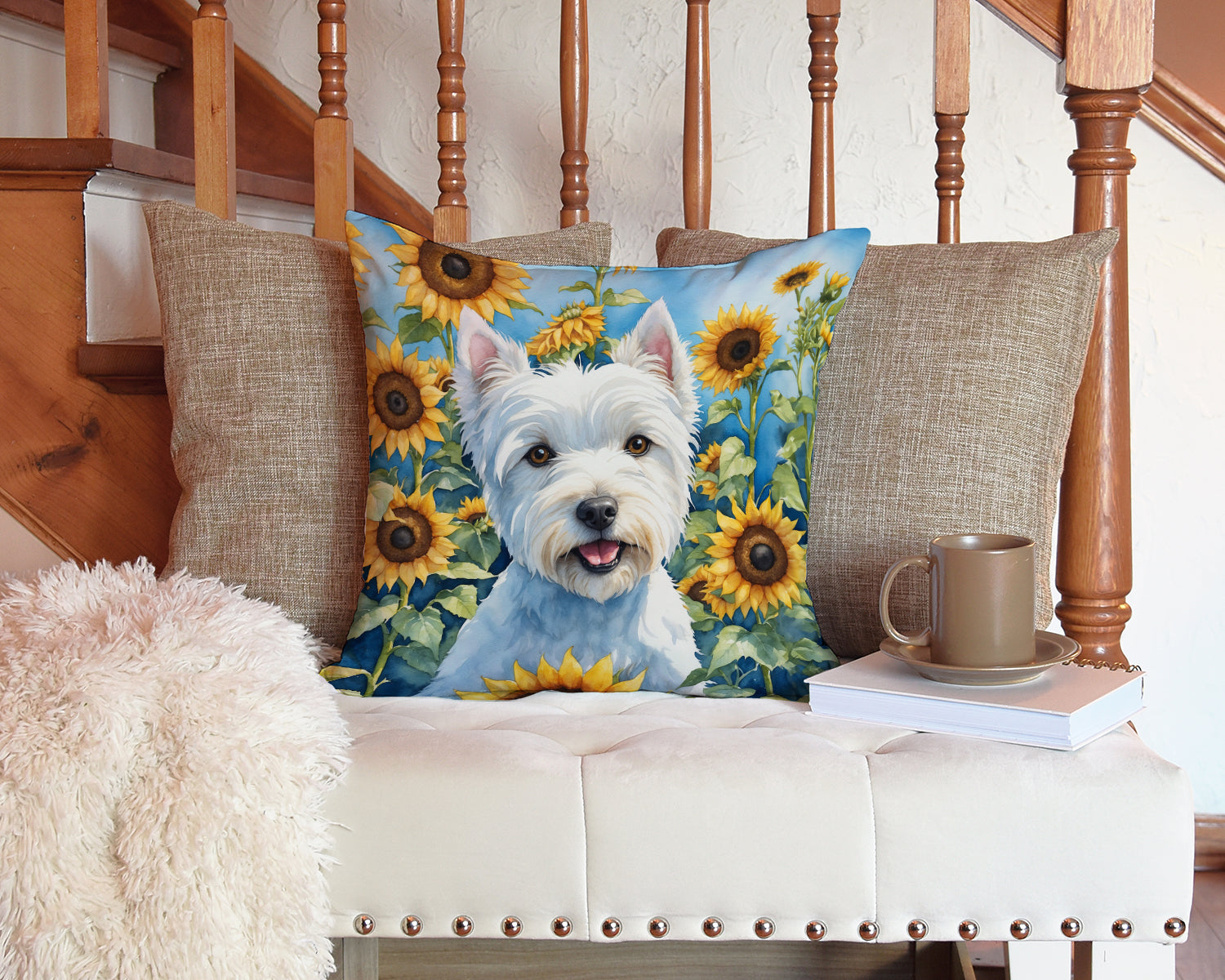 Westie in Sunflowers Throw Pillow