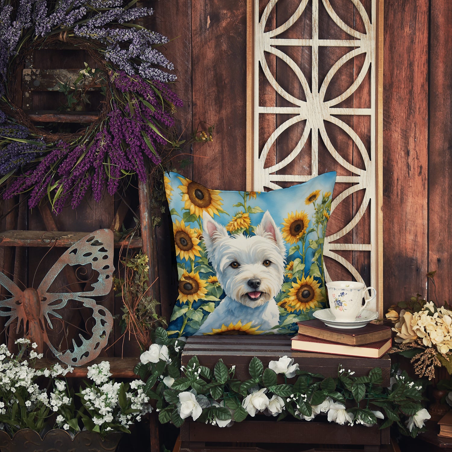 Westie in Sunflowers Throw Pillow