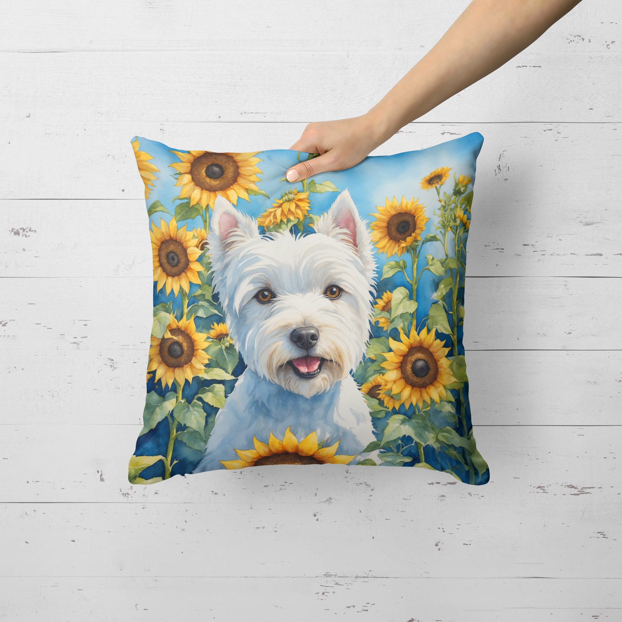 Buy this Westie in Sunflowers Throw Pillow