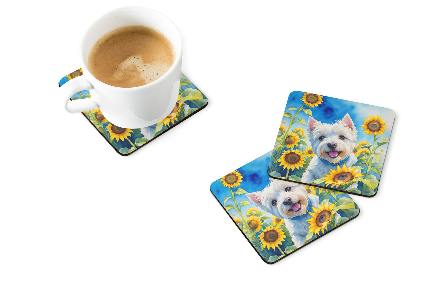 Buy this Westie in Sunflowers Foam Coasters