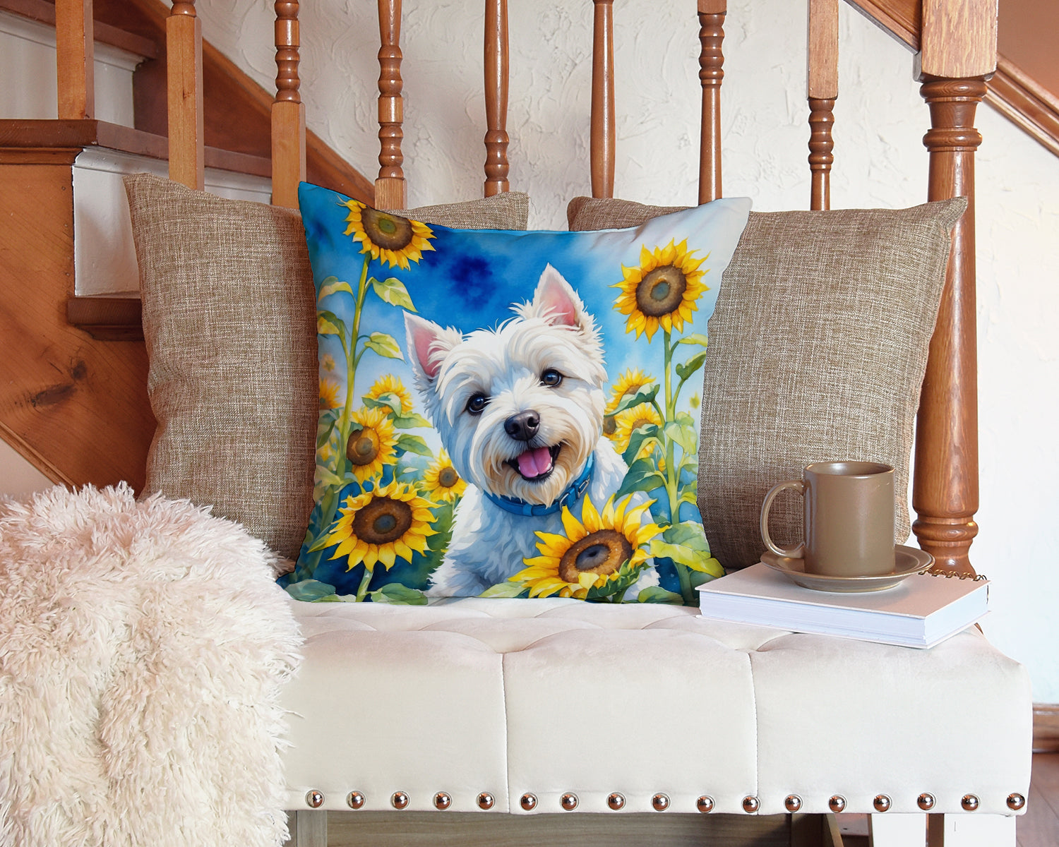 Westie in Sunflowers Throw Pillow