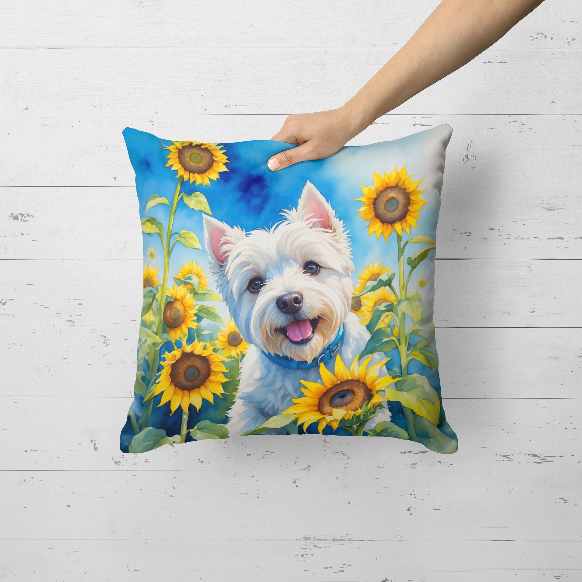 Buy this Westie in Sunflowers Throw Pillow