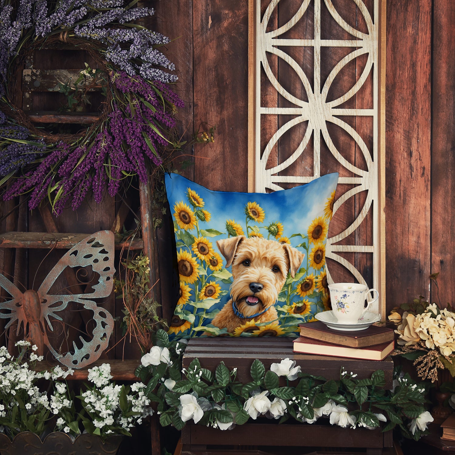 Wheaten Terrier in Sunflowers Throw Pillow