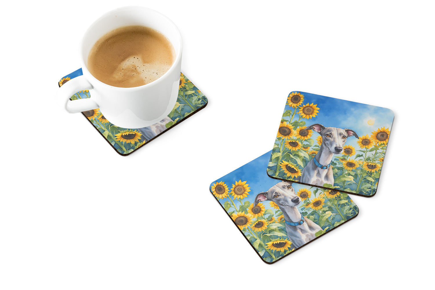 Whippet in Sunflowers Foam Coasters