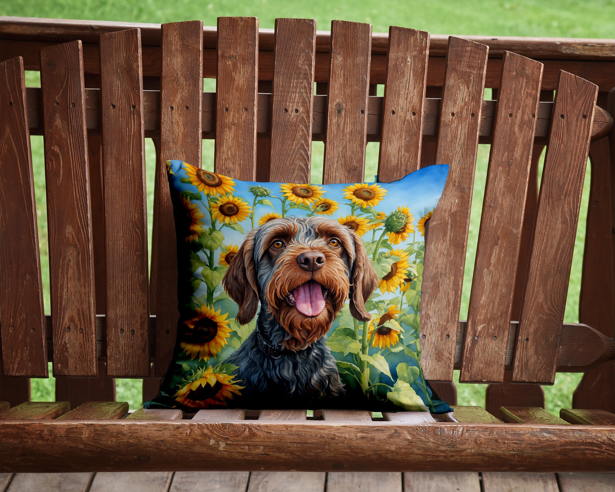 Wirehaired Pointing Griffon in Sunflowers Throw Pillow