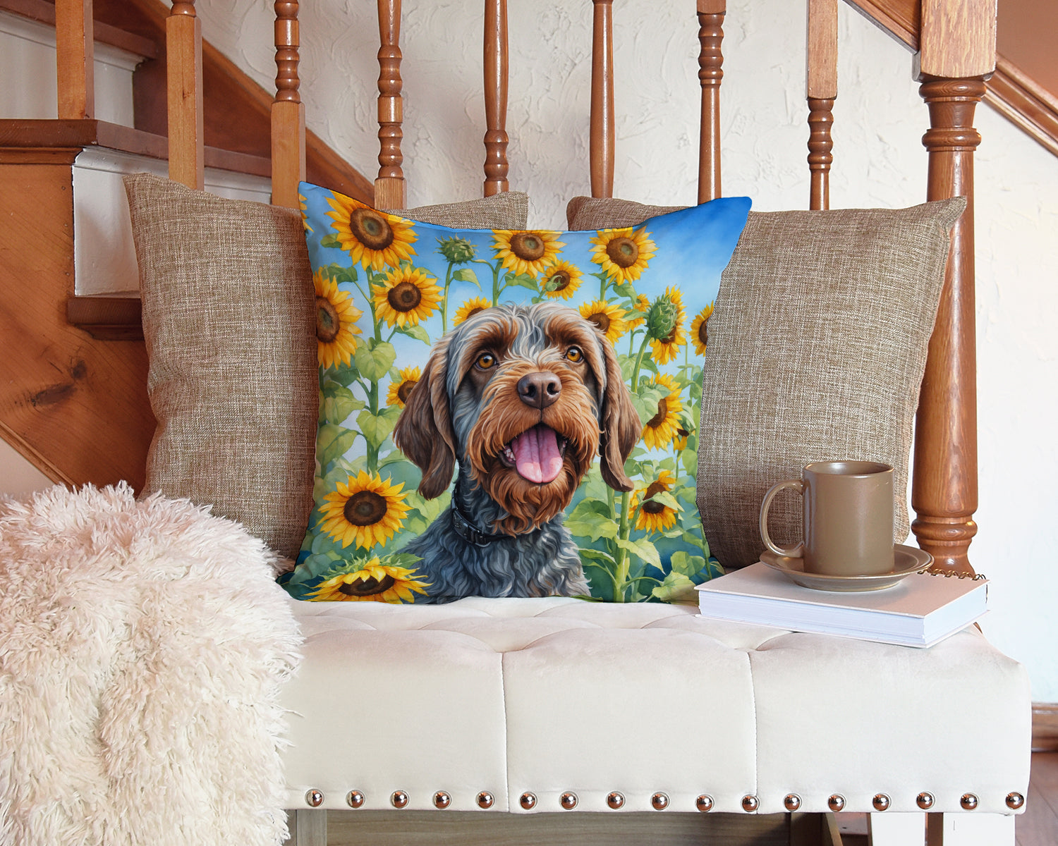 Wirehaired Pointing Griffon in Sunflowers Throw Pillow