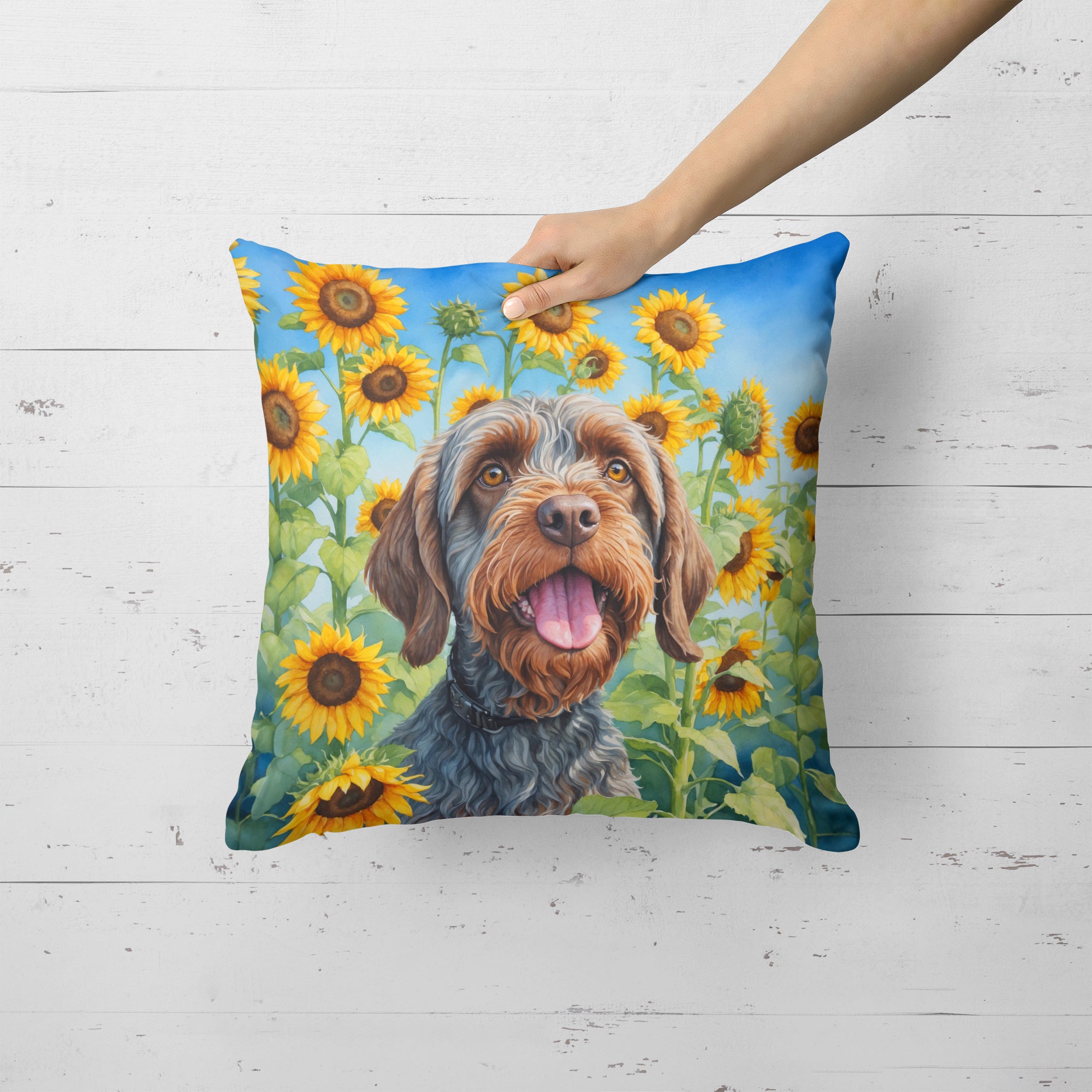 Buy this Wirehaired Pointing Griffon in Sunflowers Throw Pillow