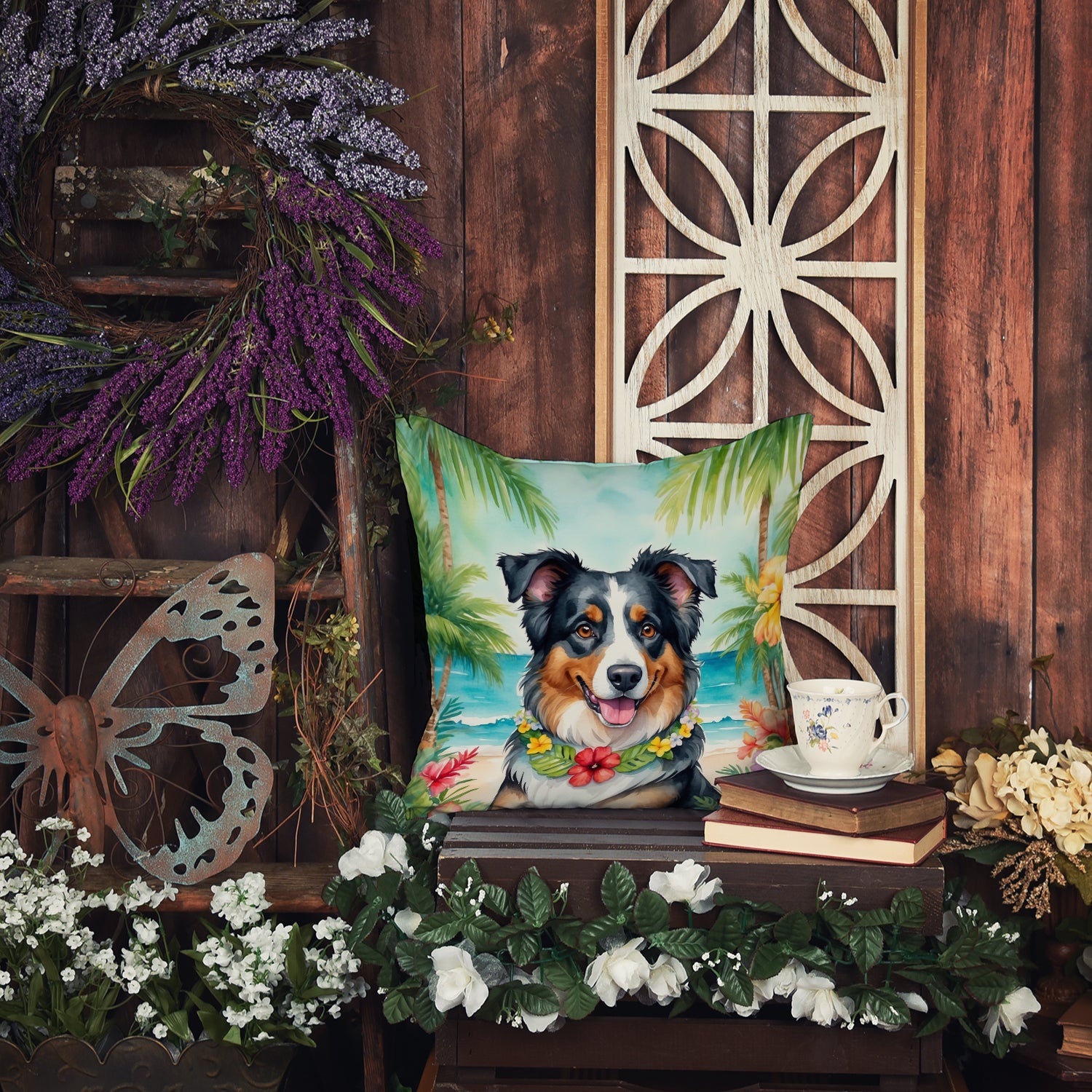 Australian Shepherd Luau Throw Pillow