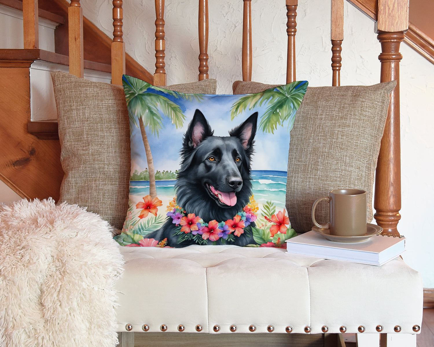 Belgian Sheepdog Luau Throw Pillow