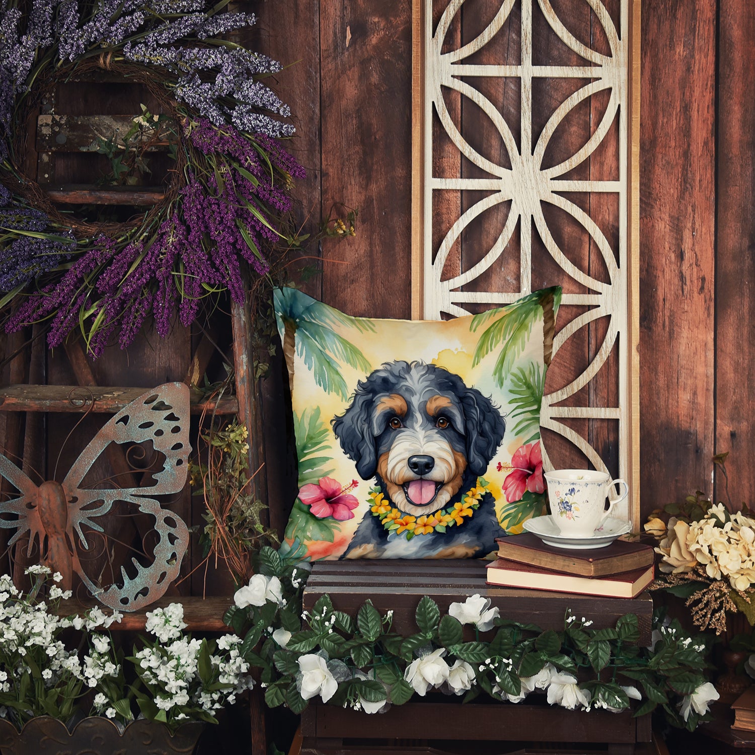 Bernedoodle Luau Throw Pillow