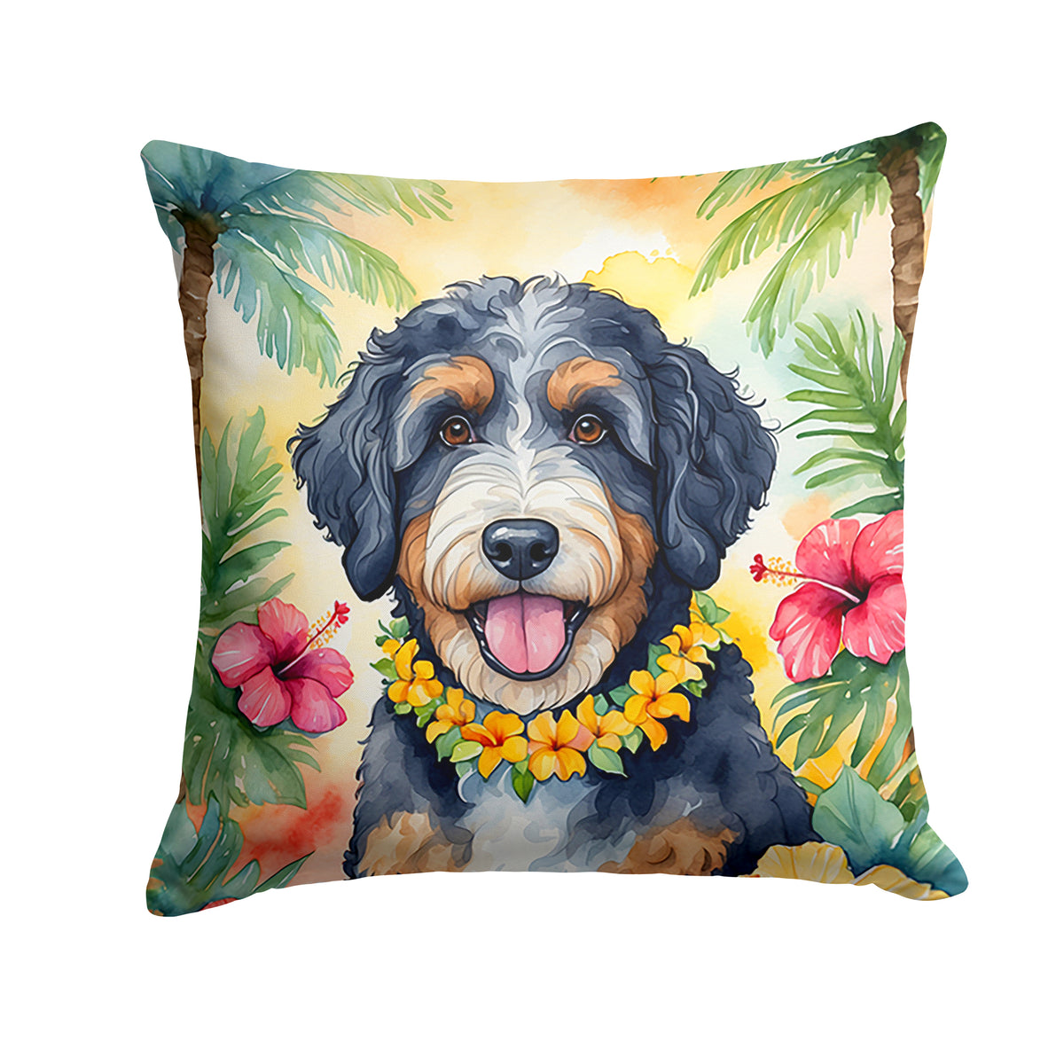 Buy this Bernedoodle Luau Throw Pillow