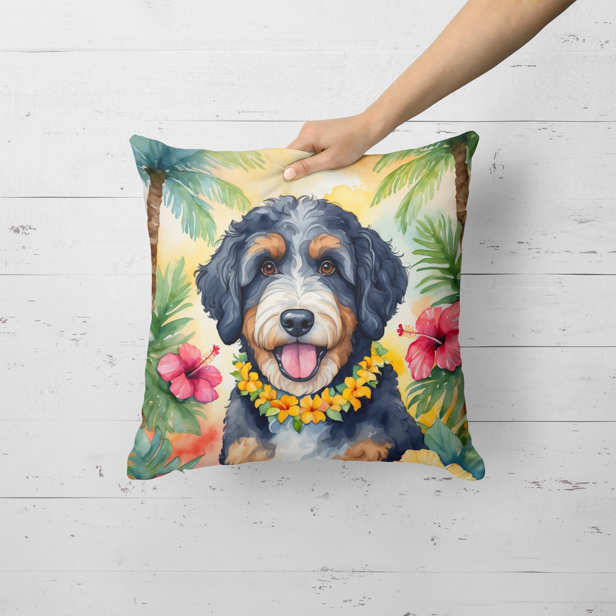 Buy this Bernedoodle Luau Throw Pillow