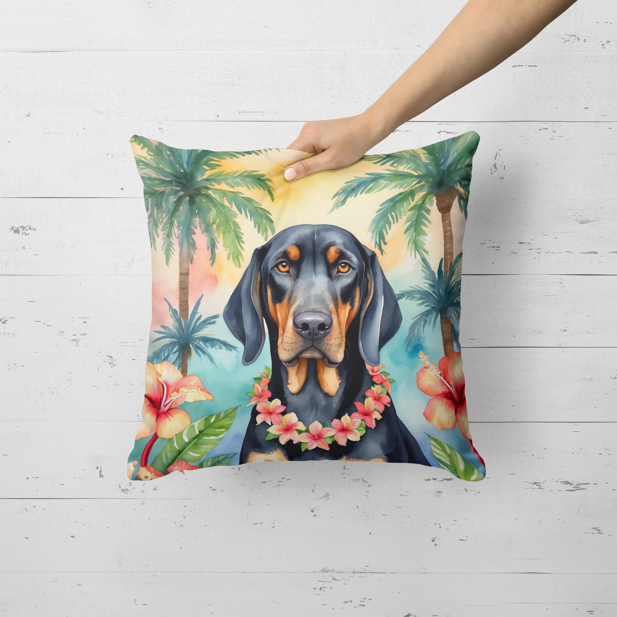 Black and Tan Coonhound Luau Throw Pillow