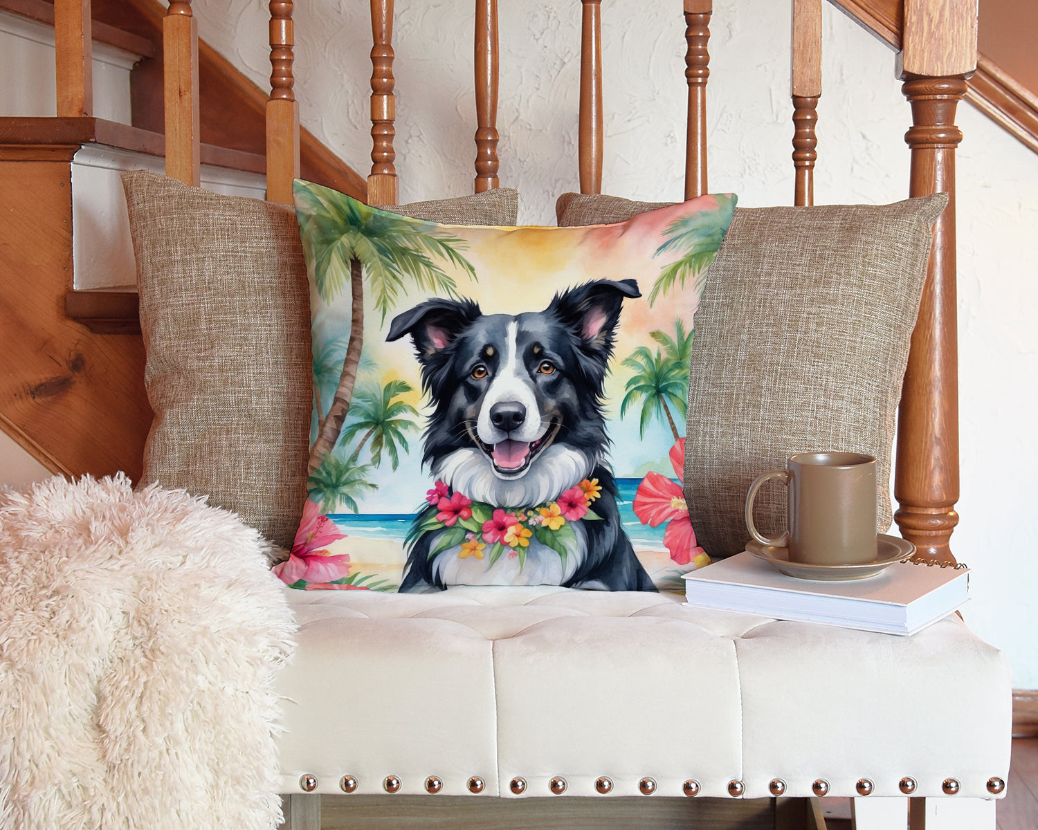 Border Collie Luau Throw Pillow