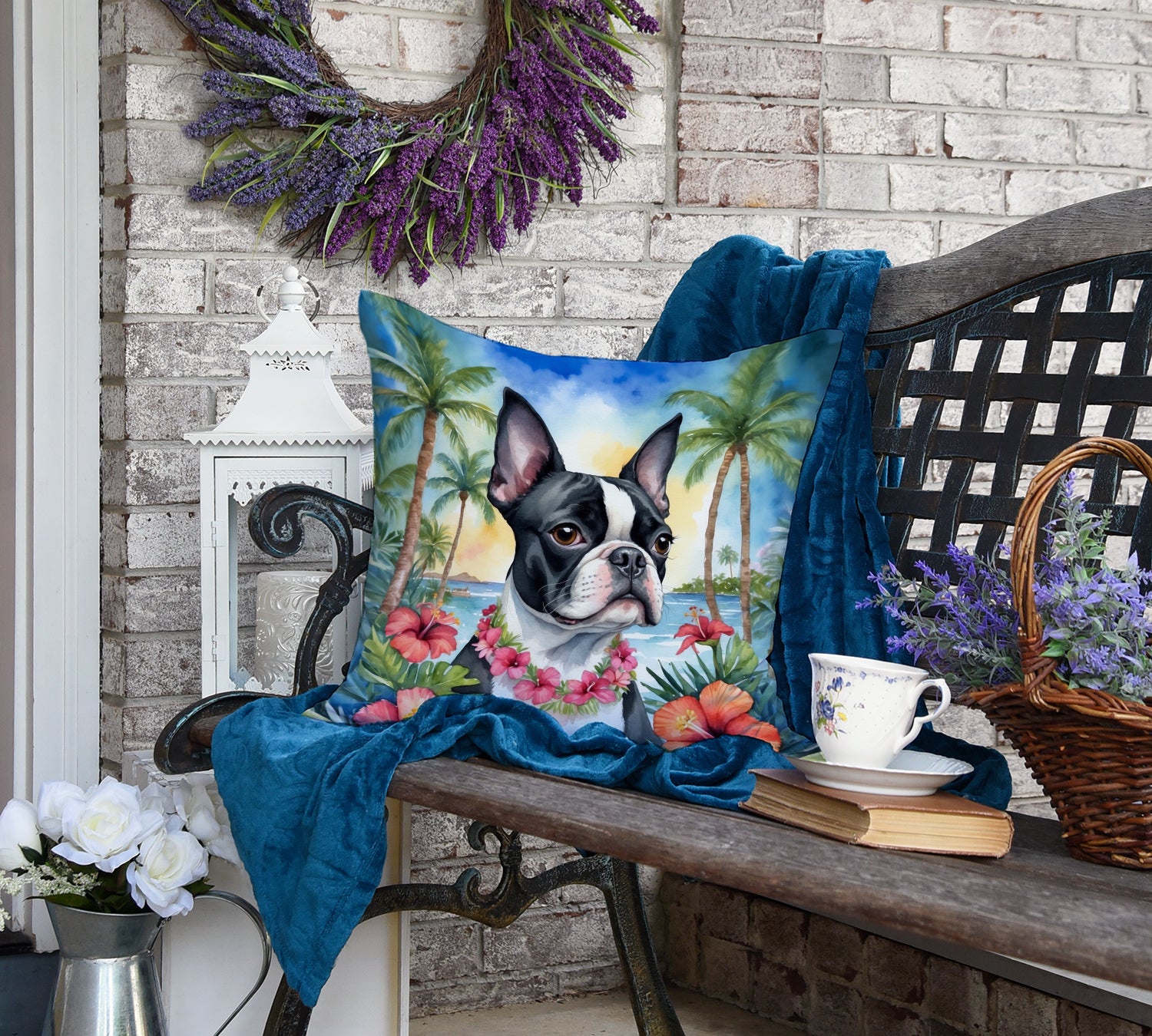 Boston Terrier Luau Throw Pillow