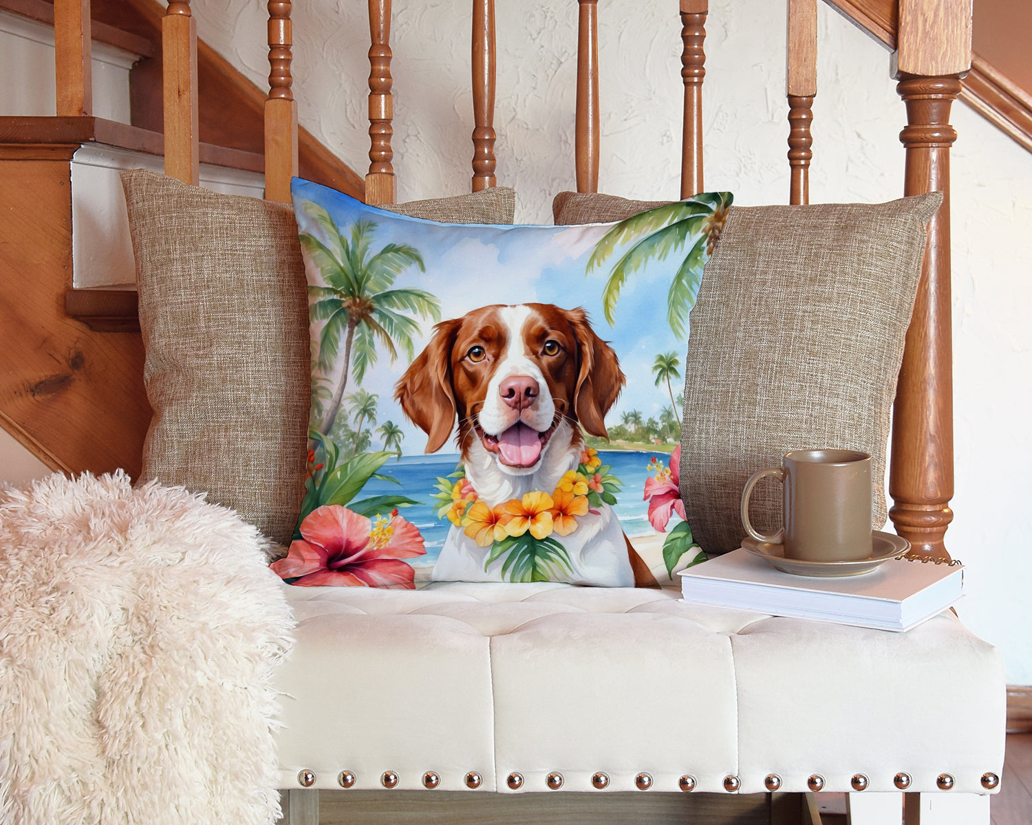 Brittany Spaniel Luau Throw Pillow