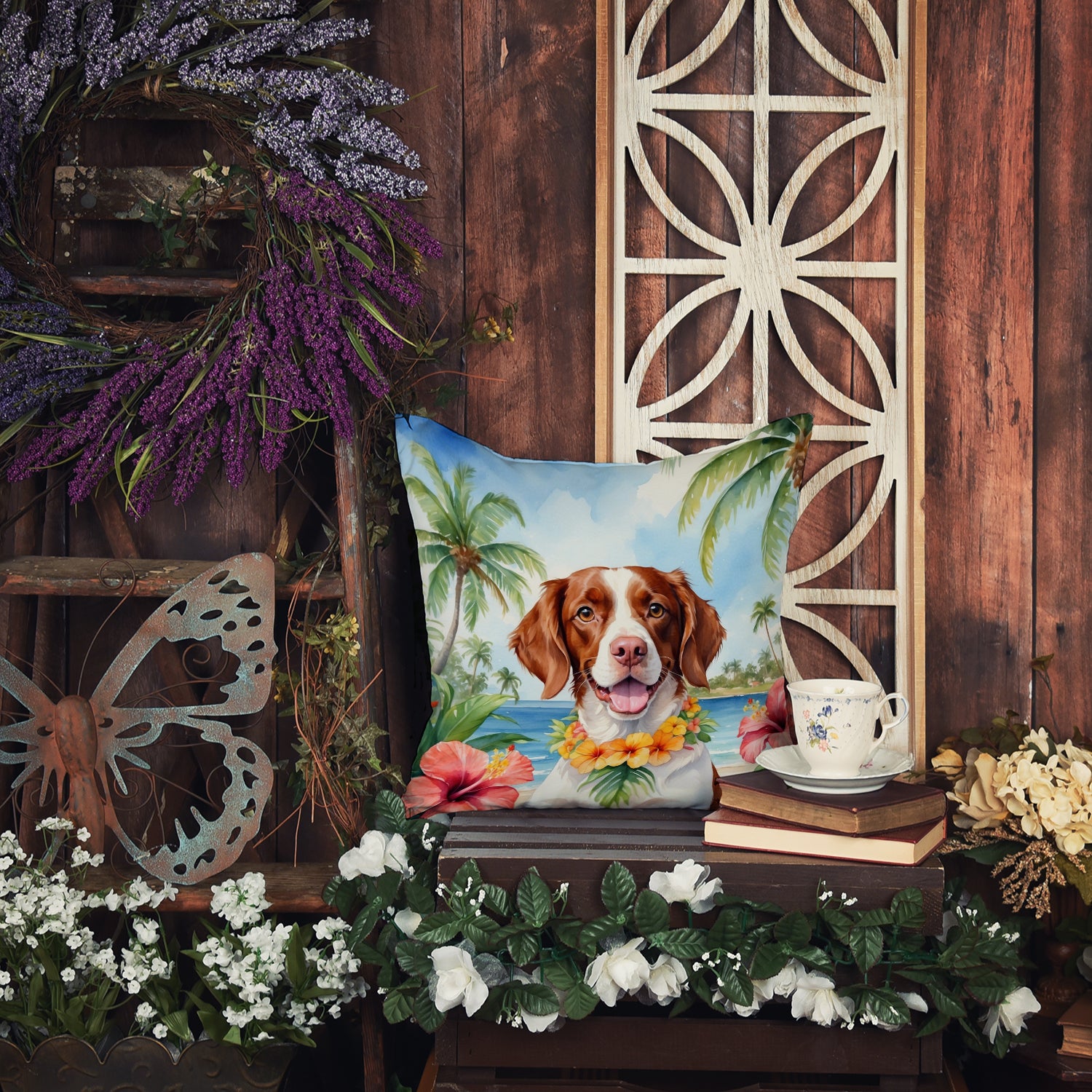 Brittany Spaniel Luau Throw Pillow