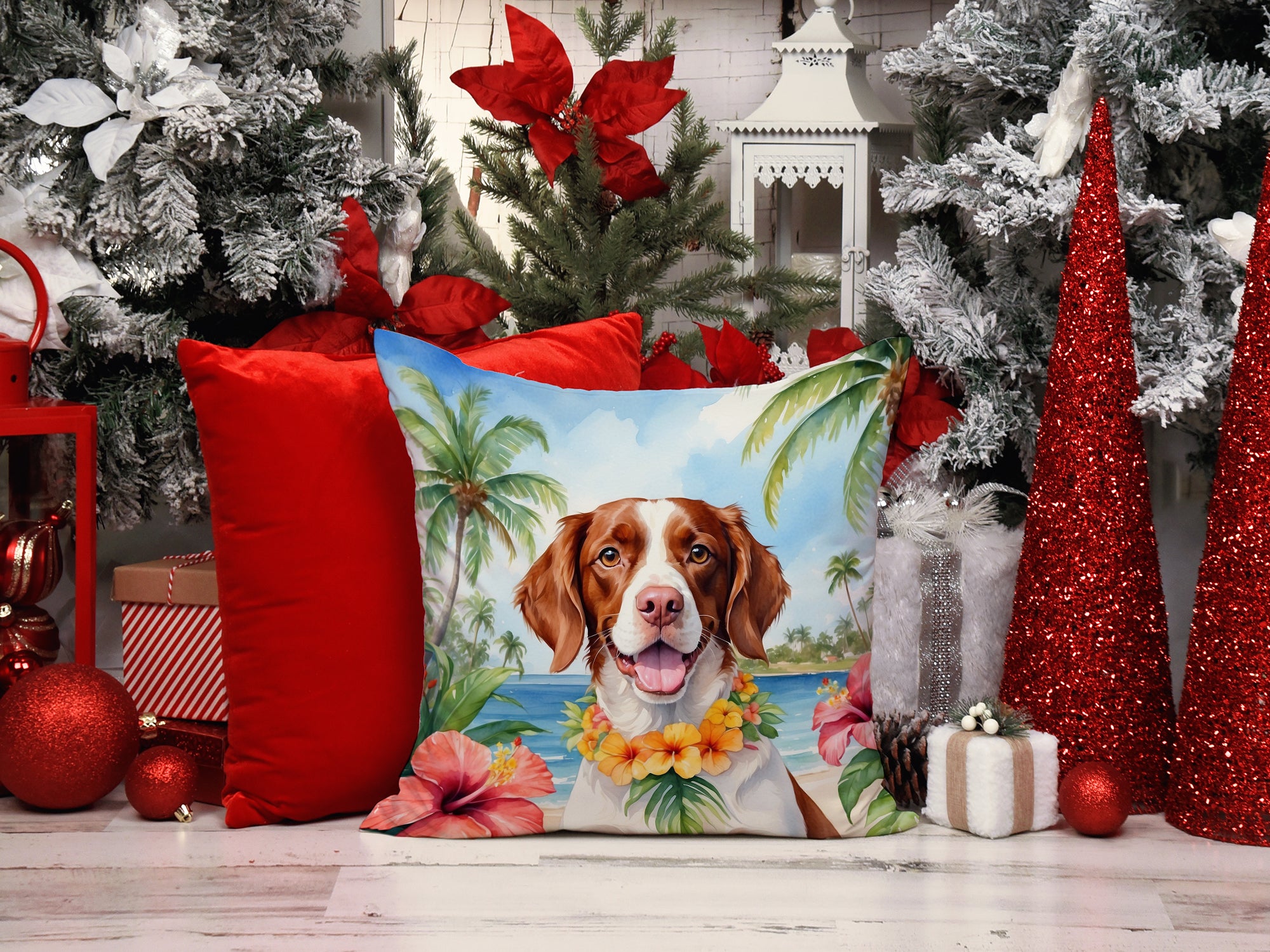 Brittany Spaniel Luau Throw Pillow