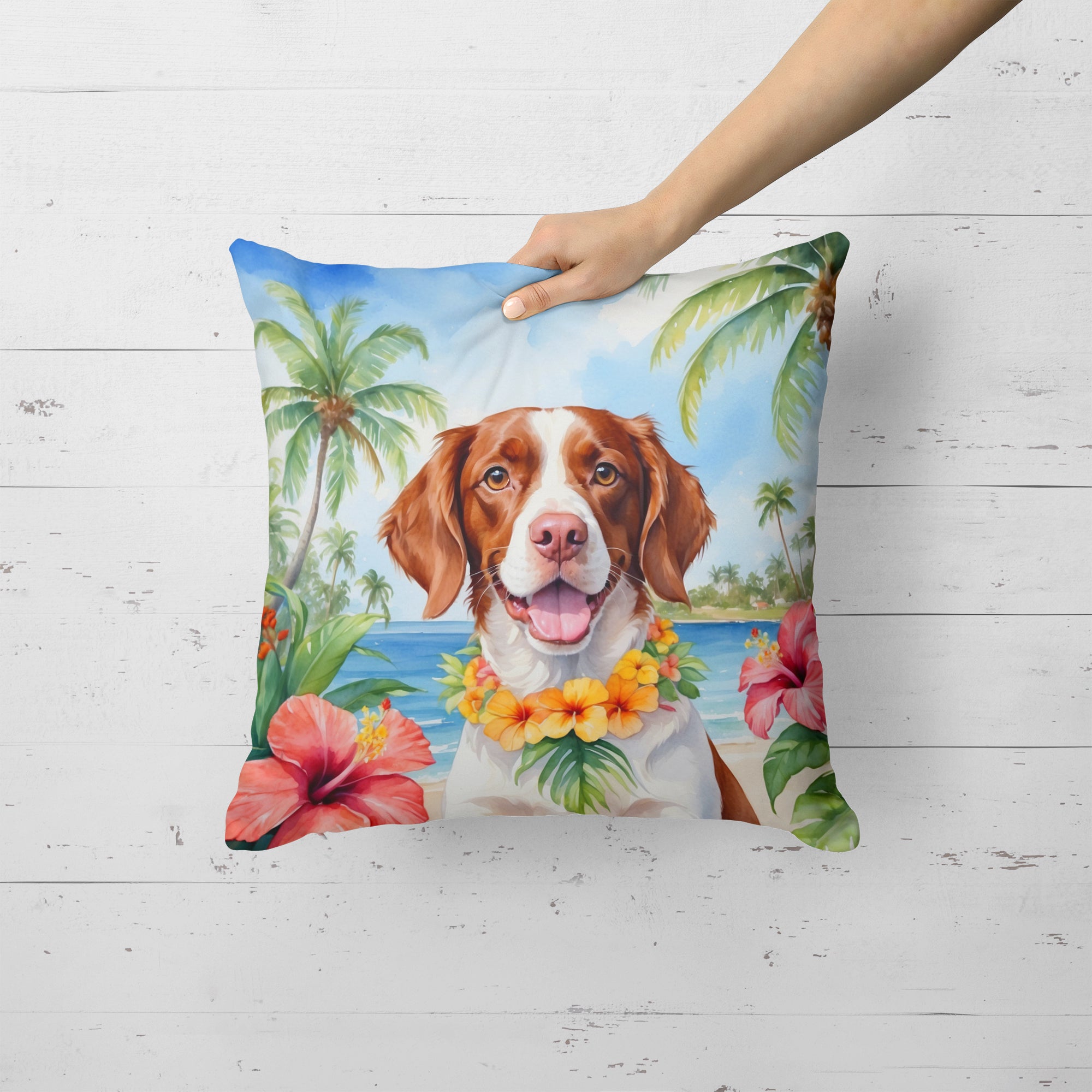 Brittany Spaniel Luau Throw Pillow