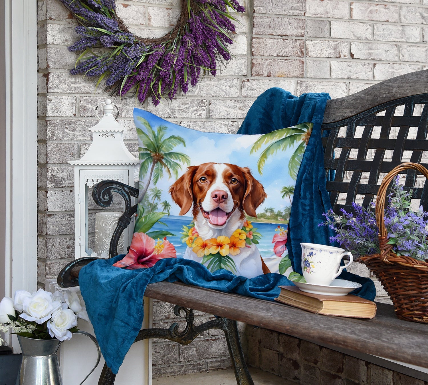 Brittany Spaniel Luau Throw Pillow