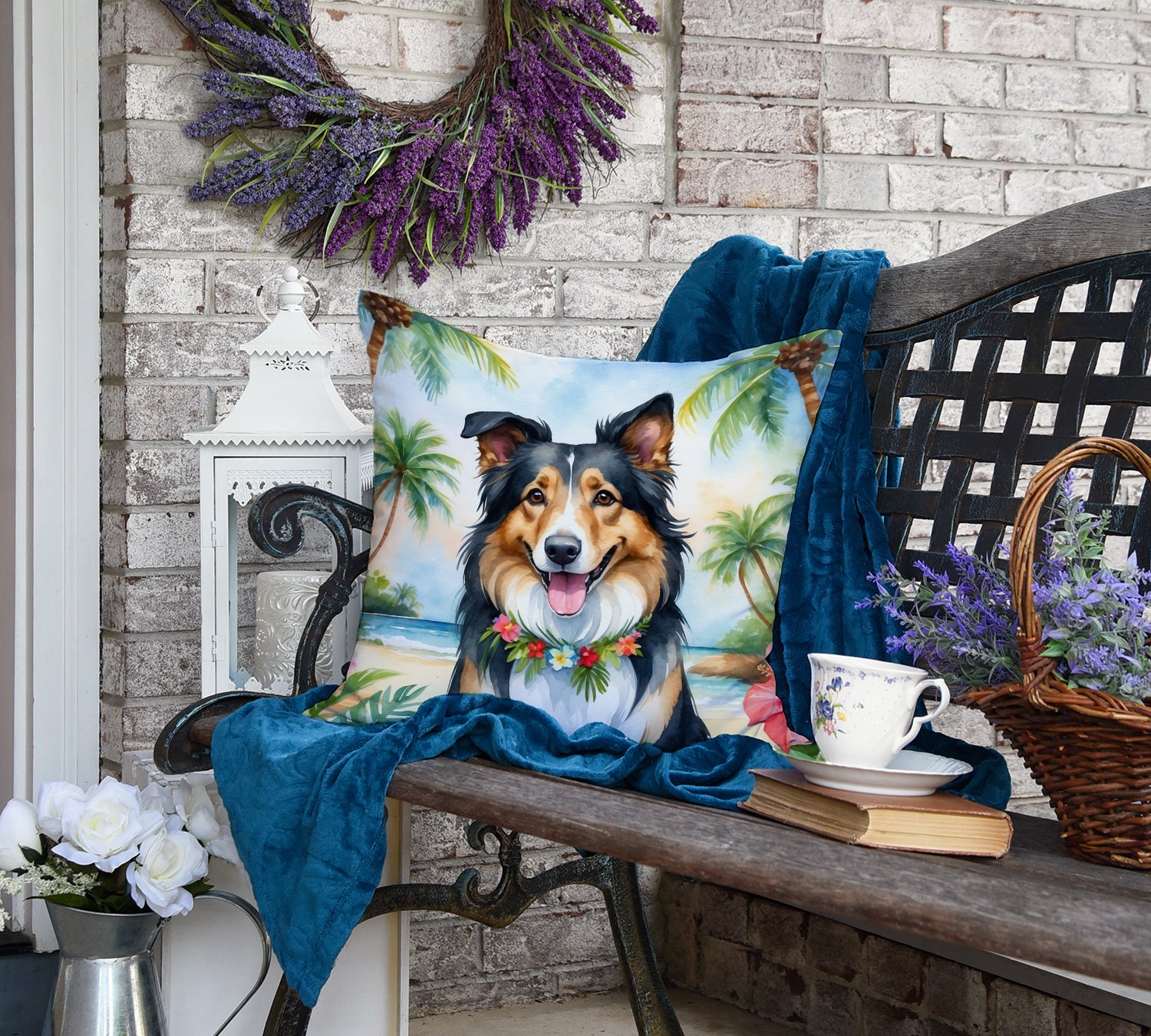 Collie Luau Throw Pillow