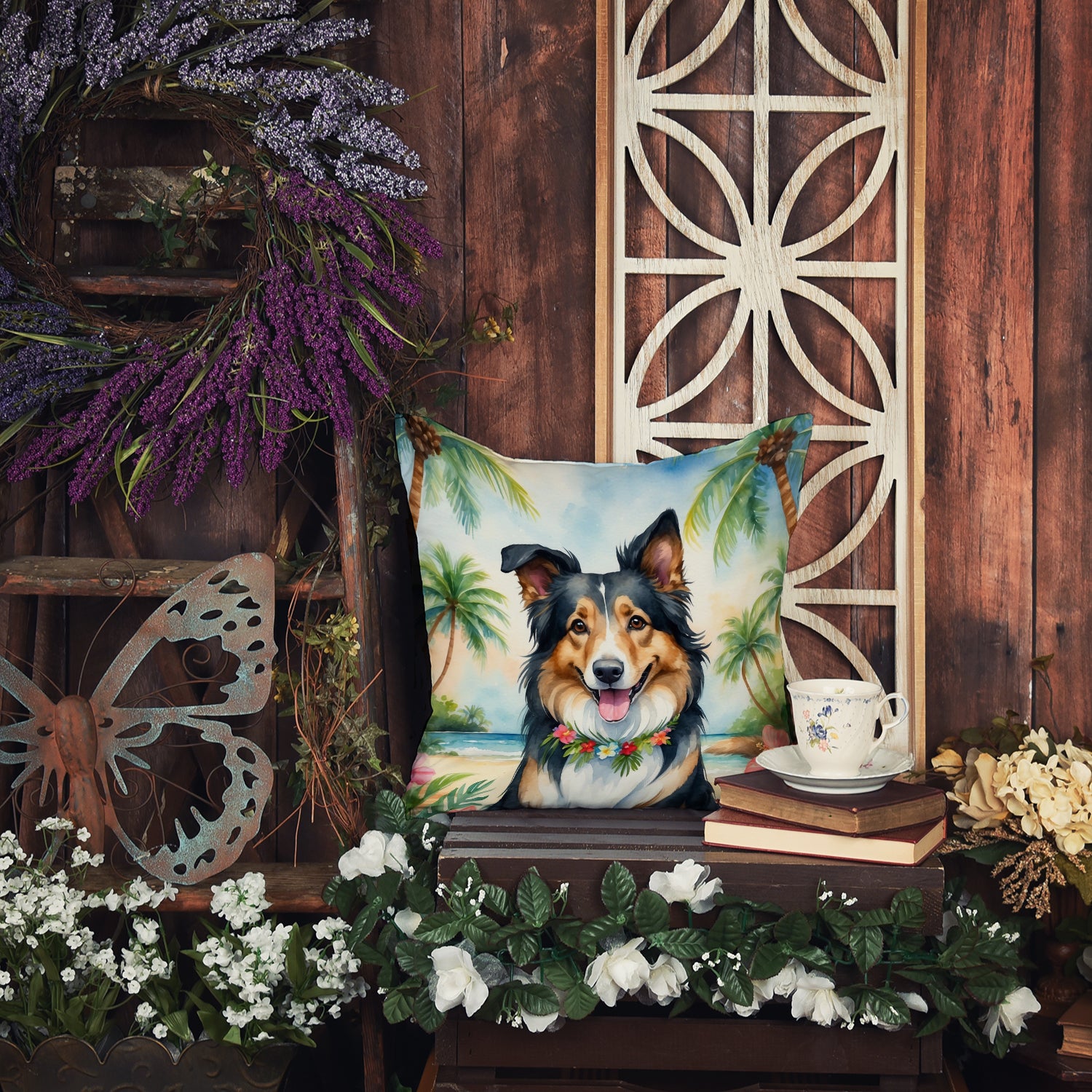 Collie Luau Throw Pillow