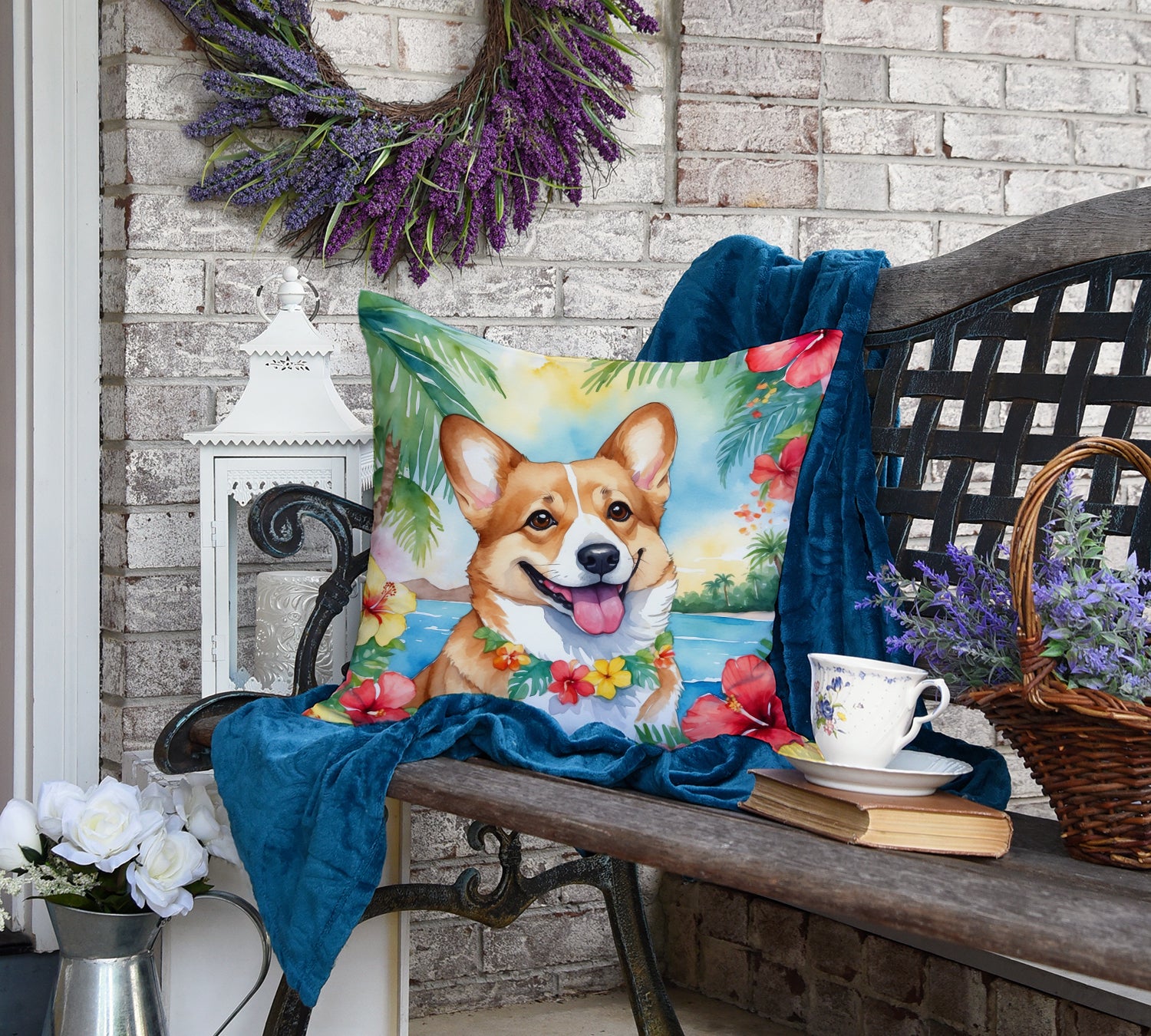 Corgi Luau Throw Pillow