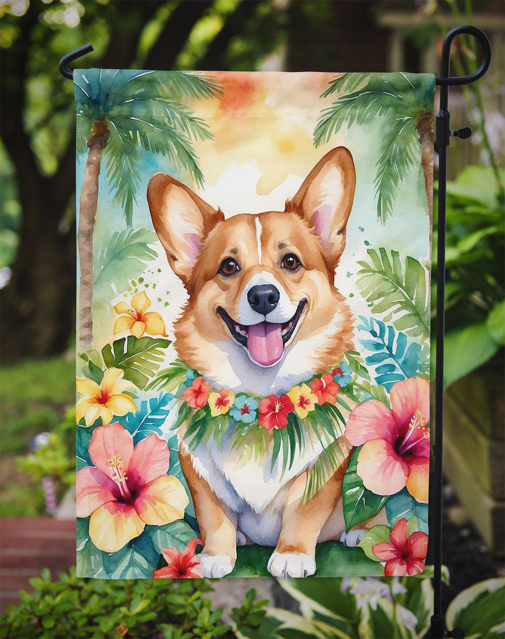 Corgi Luau Garden Flag