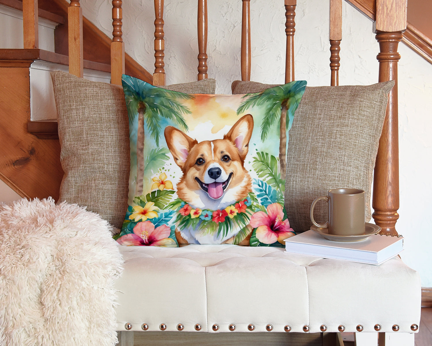 Corgi Luau Throw Pillow