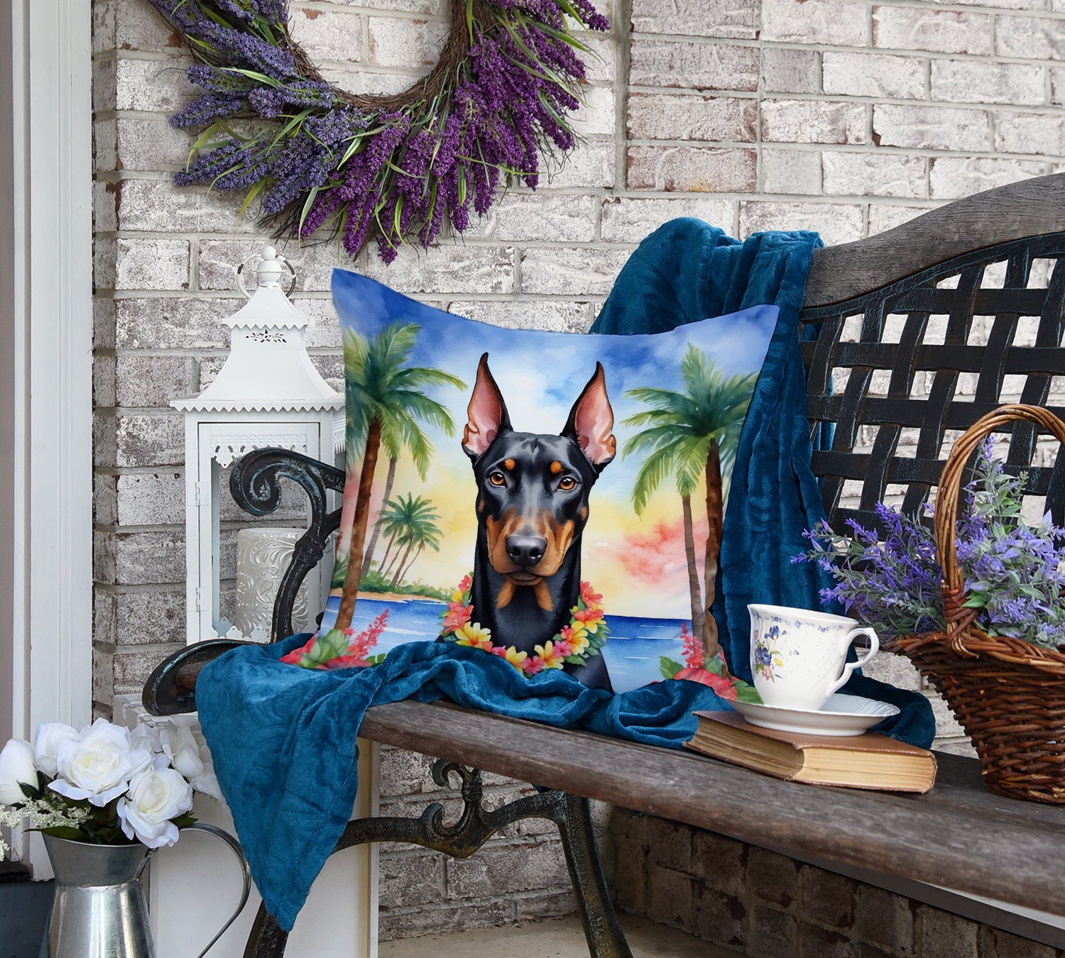 Doberman Pinscher Luau Throw Pillow