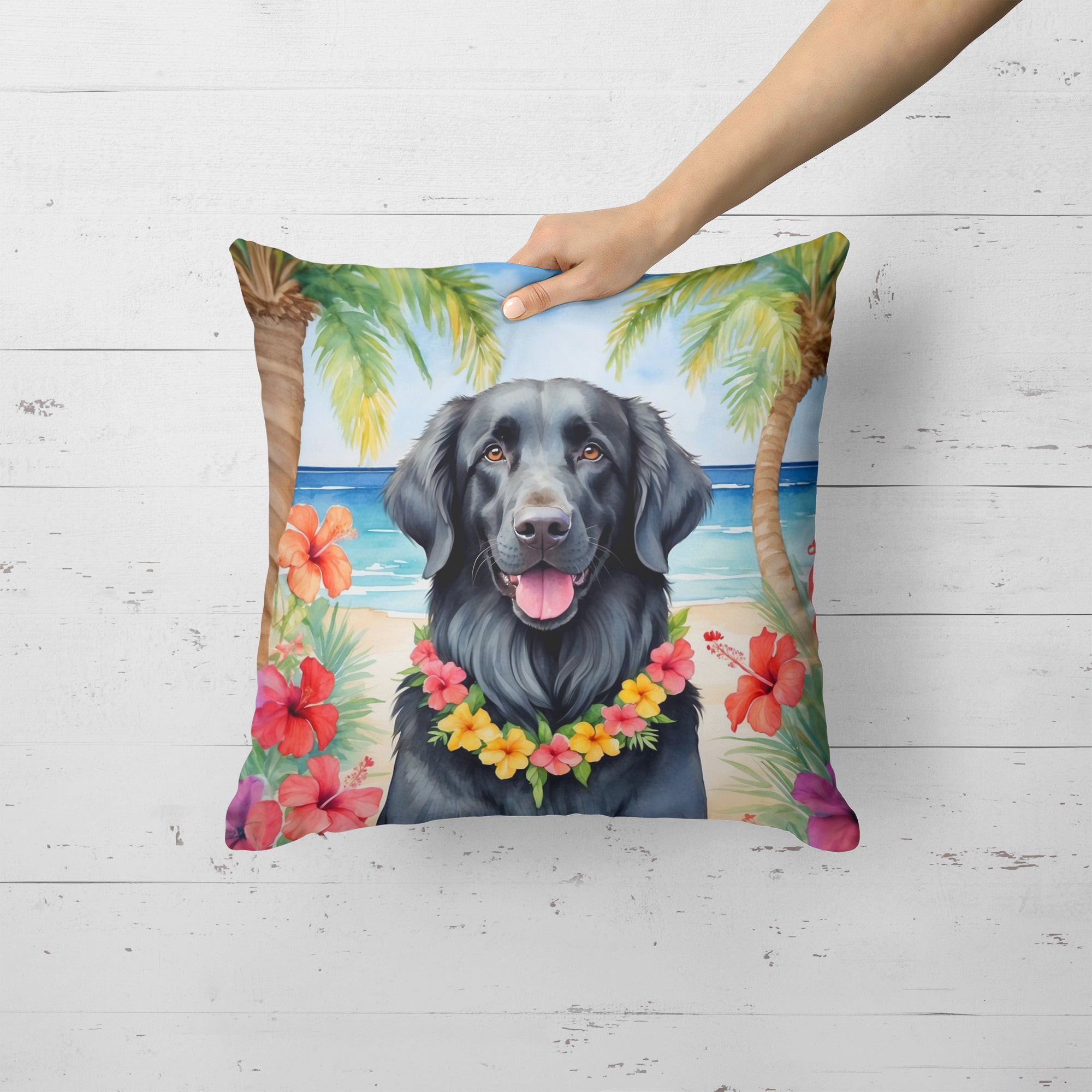 Buy this Flat-Coated Retriever Luau Throw Pillow