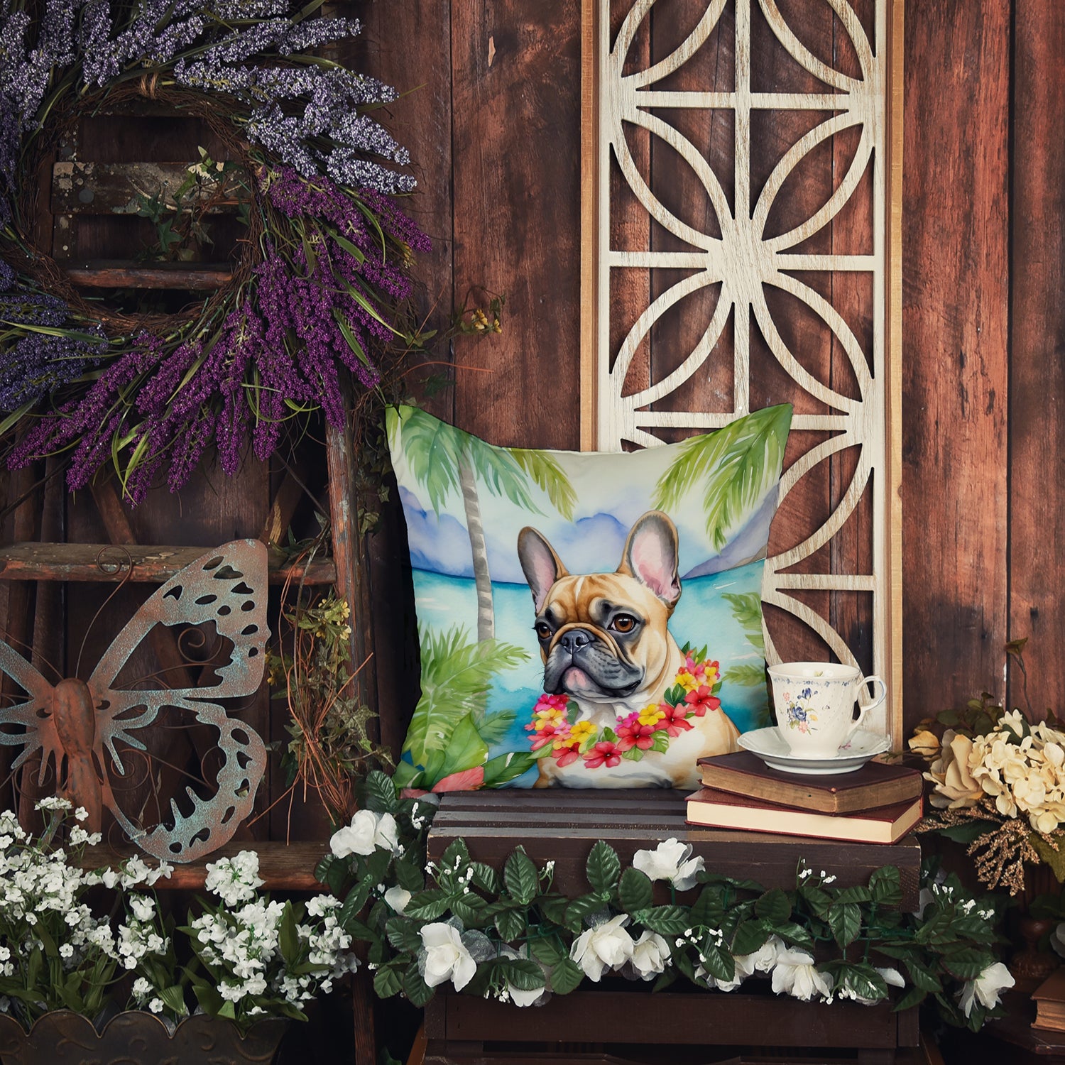 French Bulldog Luau Throw Pillow