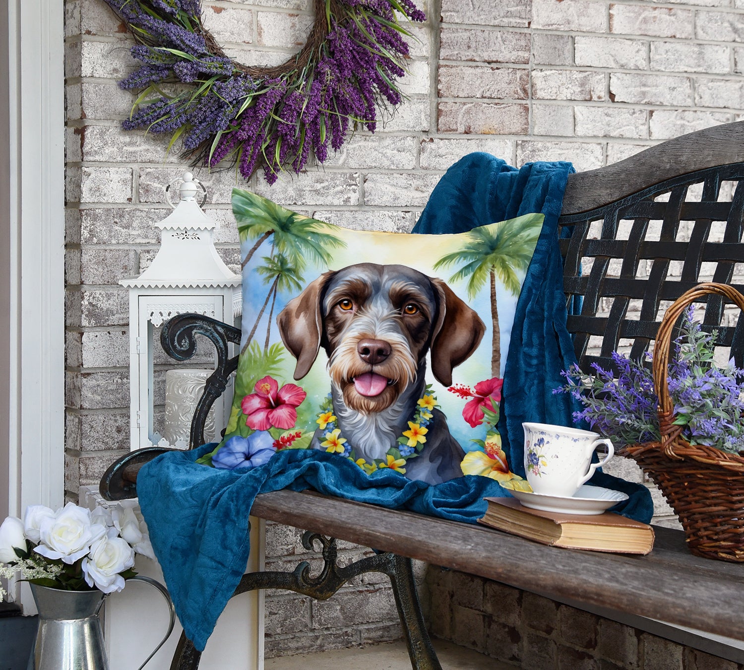 German Wirehaired Pointer Luau Throw Pillow