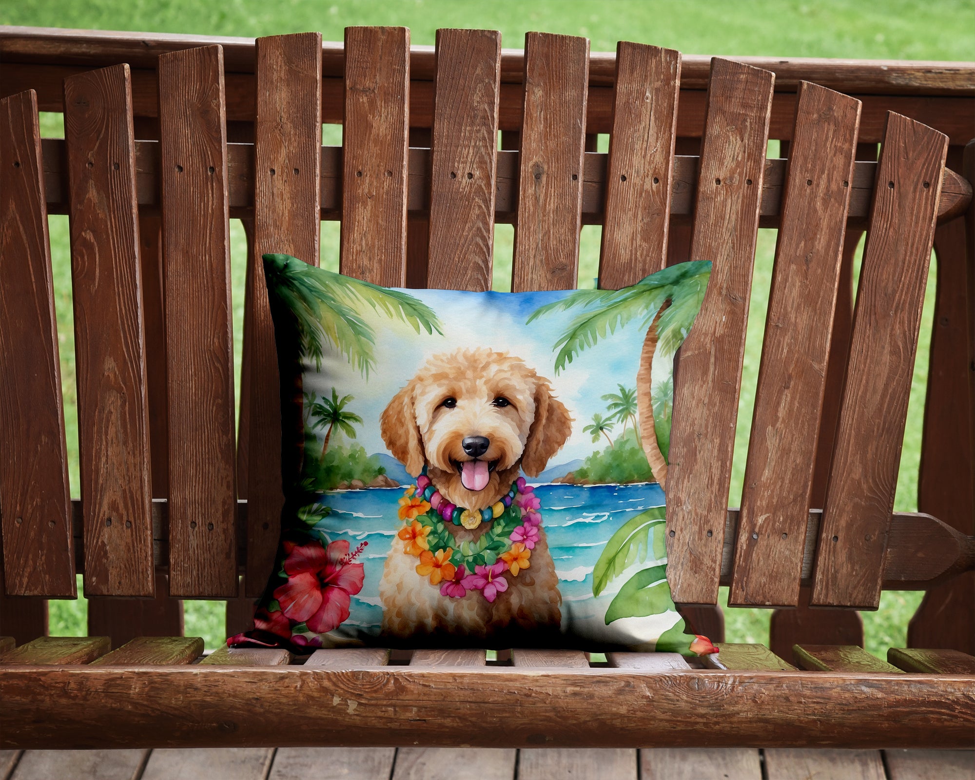 Buy this Goldendoodle Luau Throw Pillow