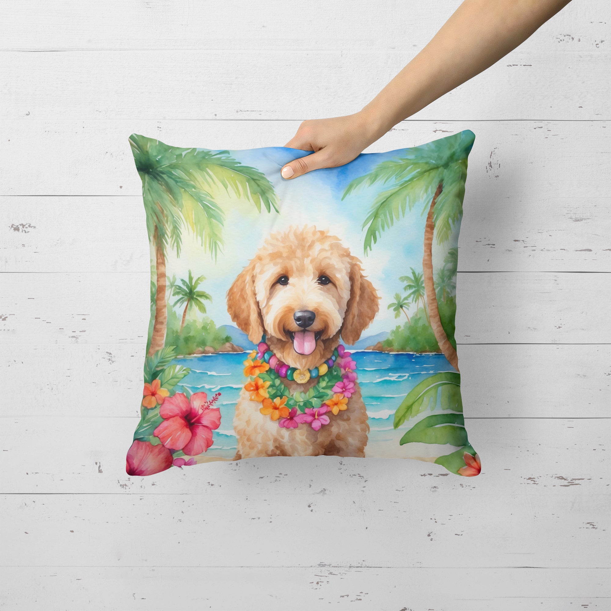 Buy this Goldendoodle Luau Throw Pillow