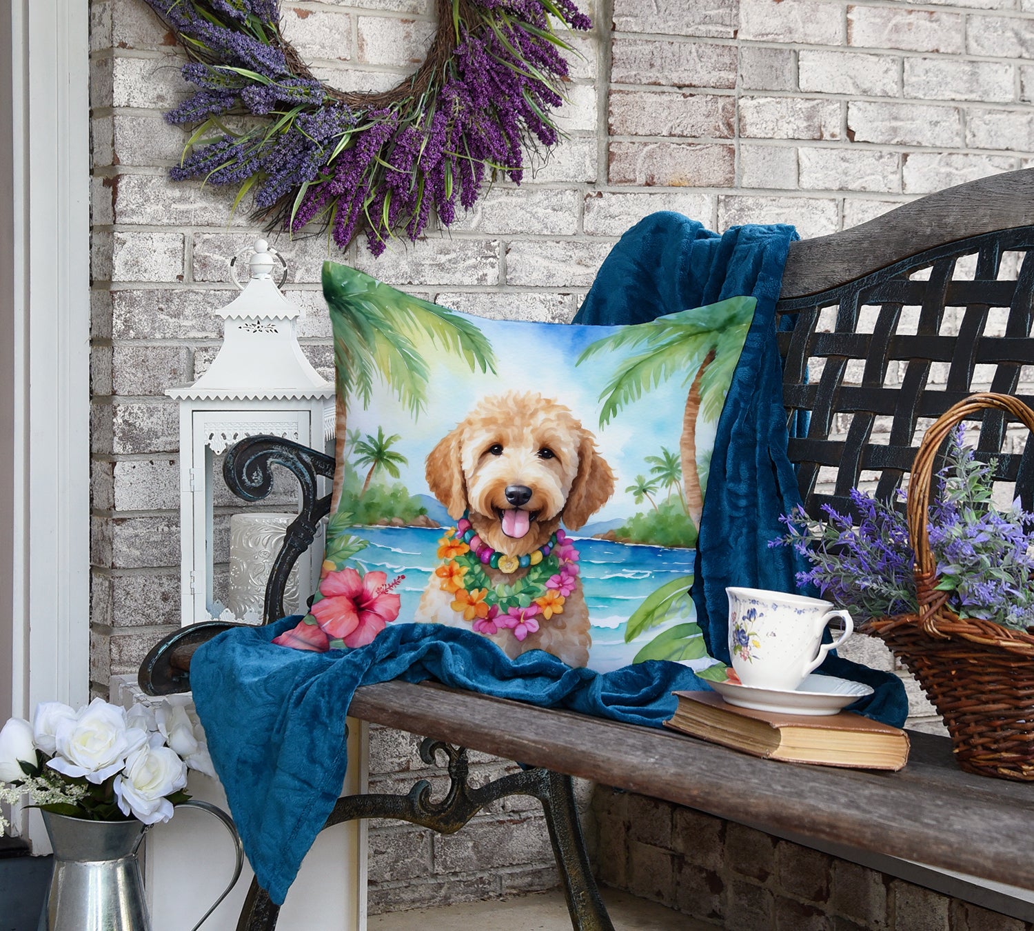 Goldendoodle Luau Throw Pillow