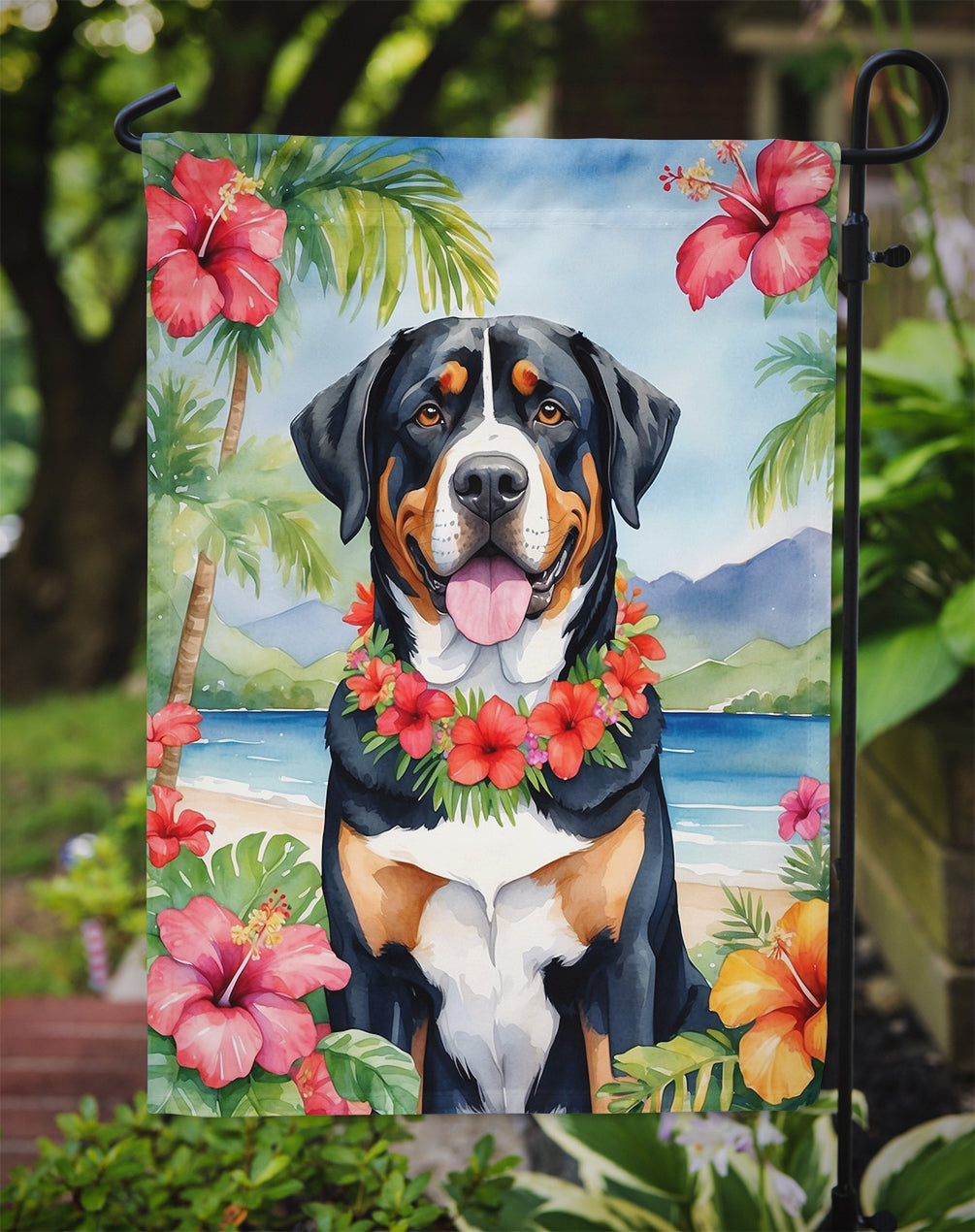 Greater Swiss Mountain Dog Luau Garden Flag