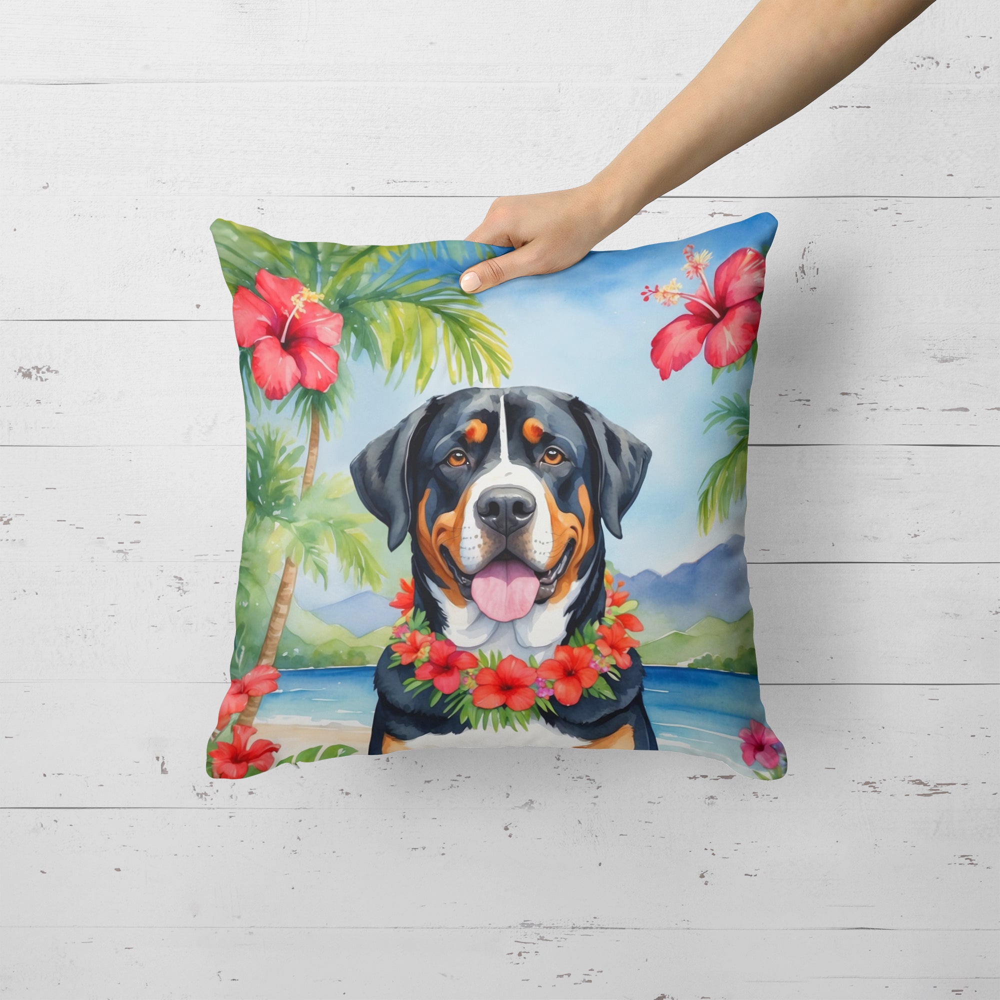 Buy this Greater Swiss Mountain Dog Luau Throw Pillow