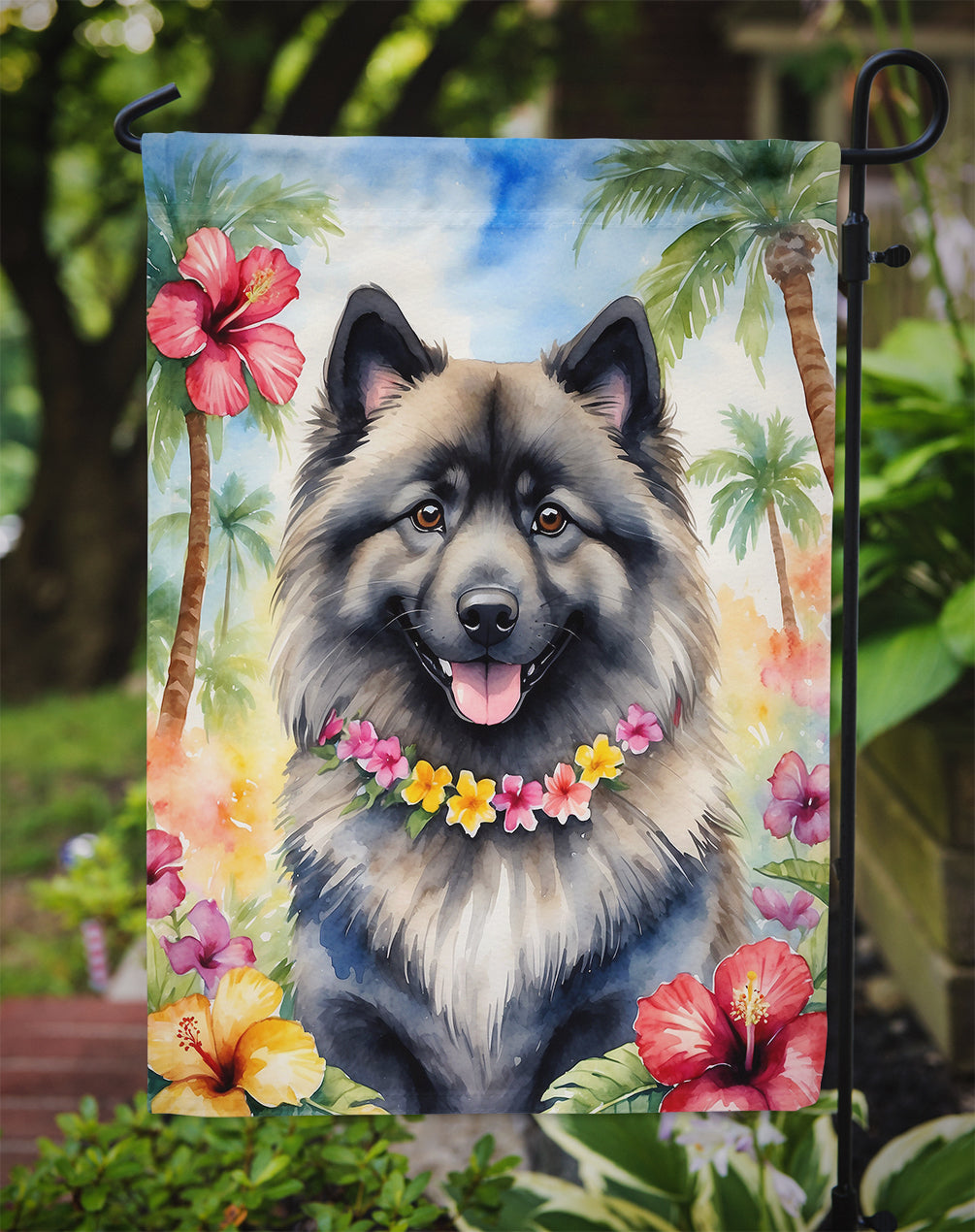 Keeshond Luau Garden Flag