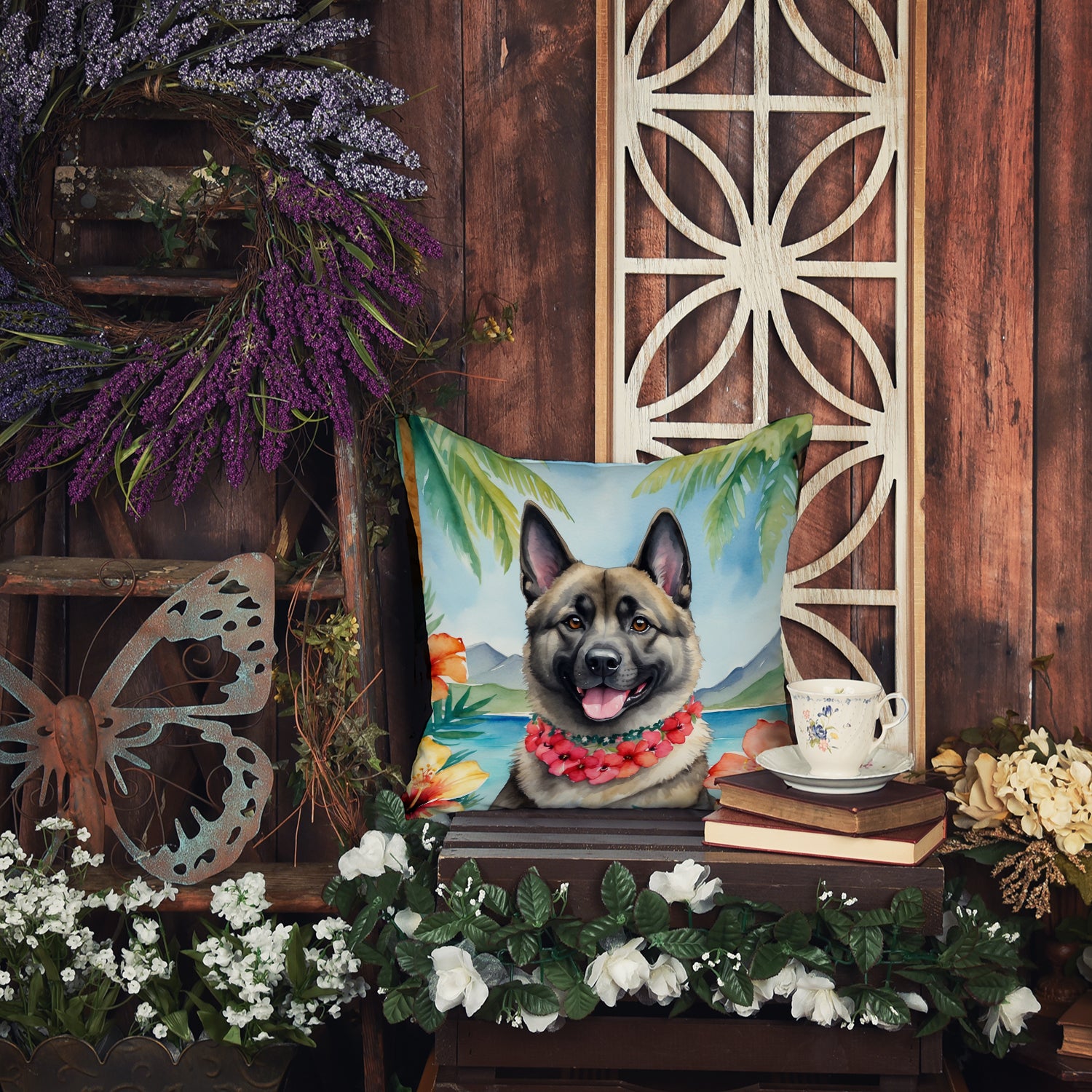 Norwegian Elkhound Luau Throw Pillow