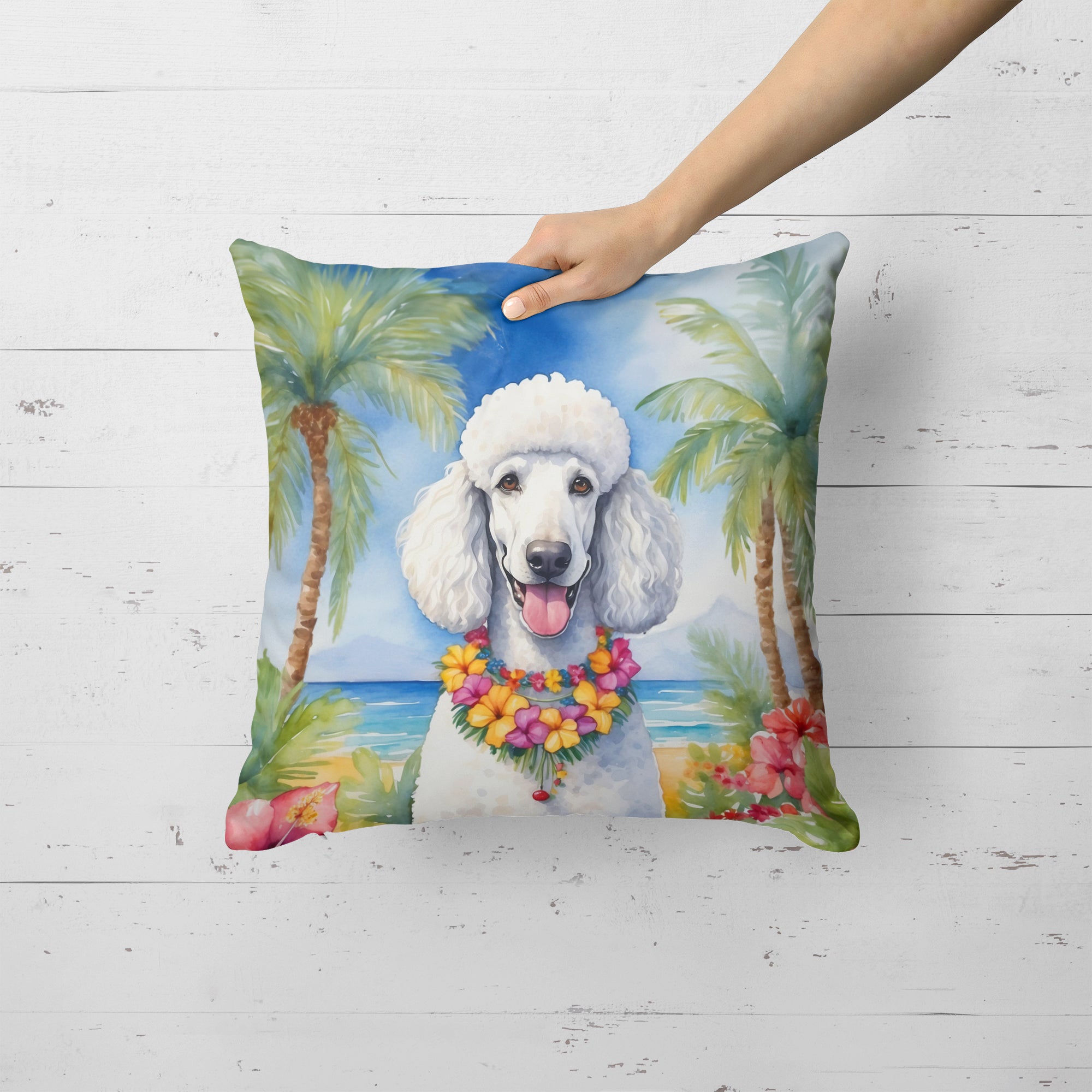 Buy this White Poodle Luau Throw Pillow