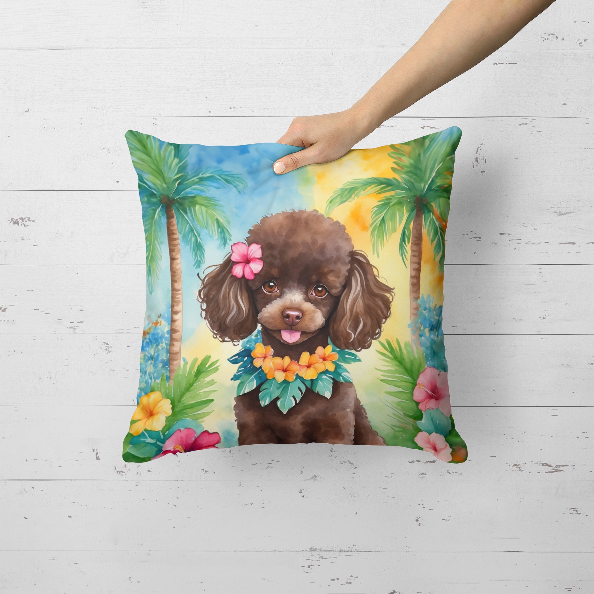 Chocolate Poodle Luau Throw Pillow